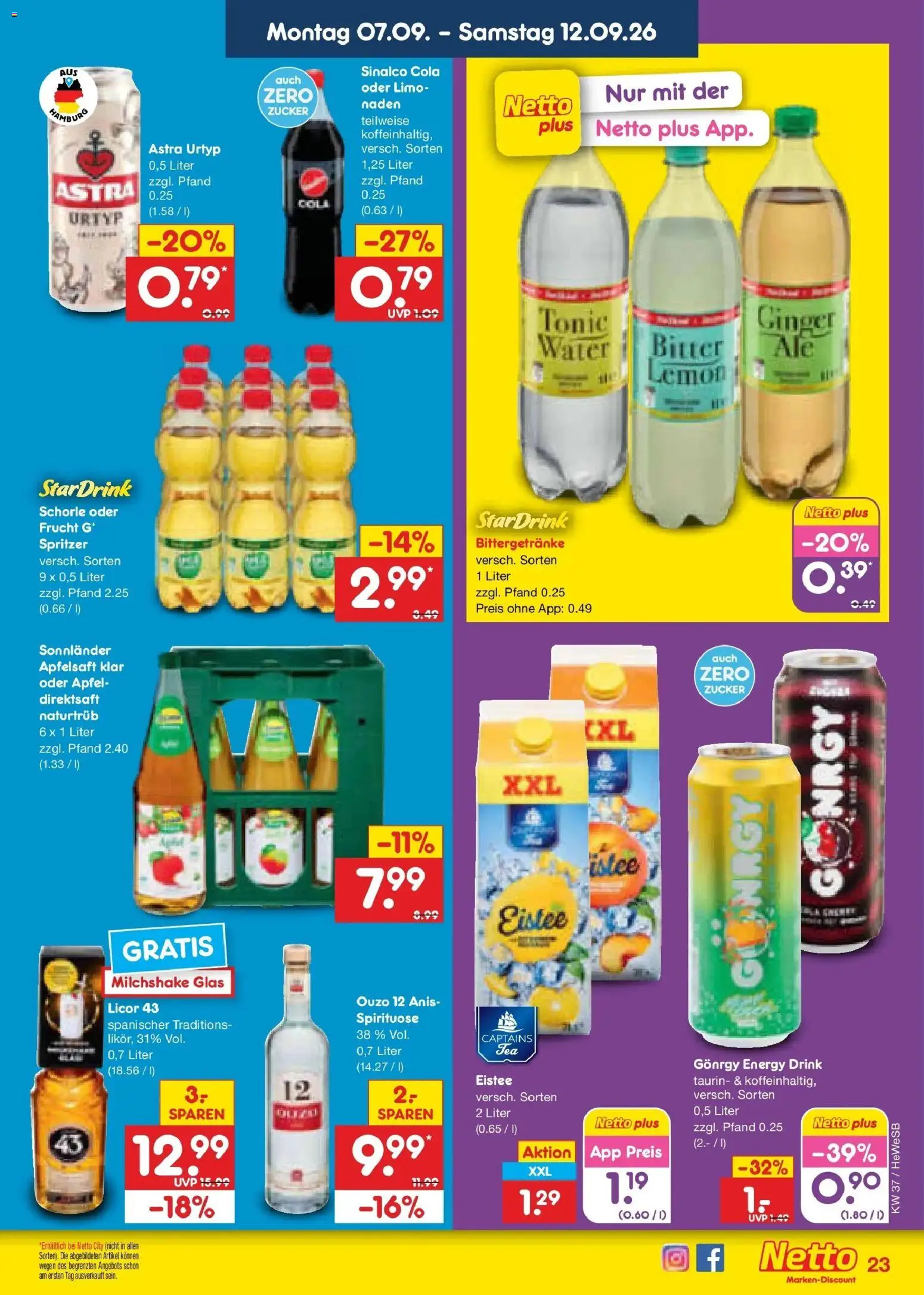 Netto Marken-Discount Prospekt Hamburg – gültig ab 07.09.2026 | Seite: 33 | Produkte: Ouzo 12, Astra, Apfelsaft, Zucker