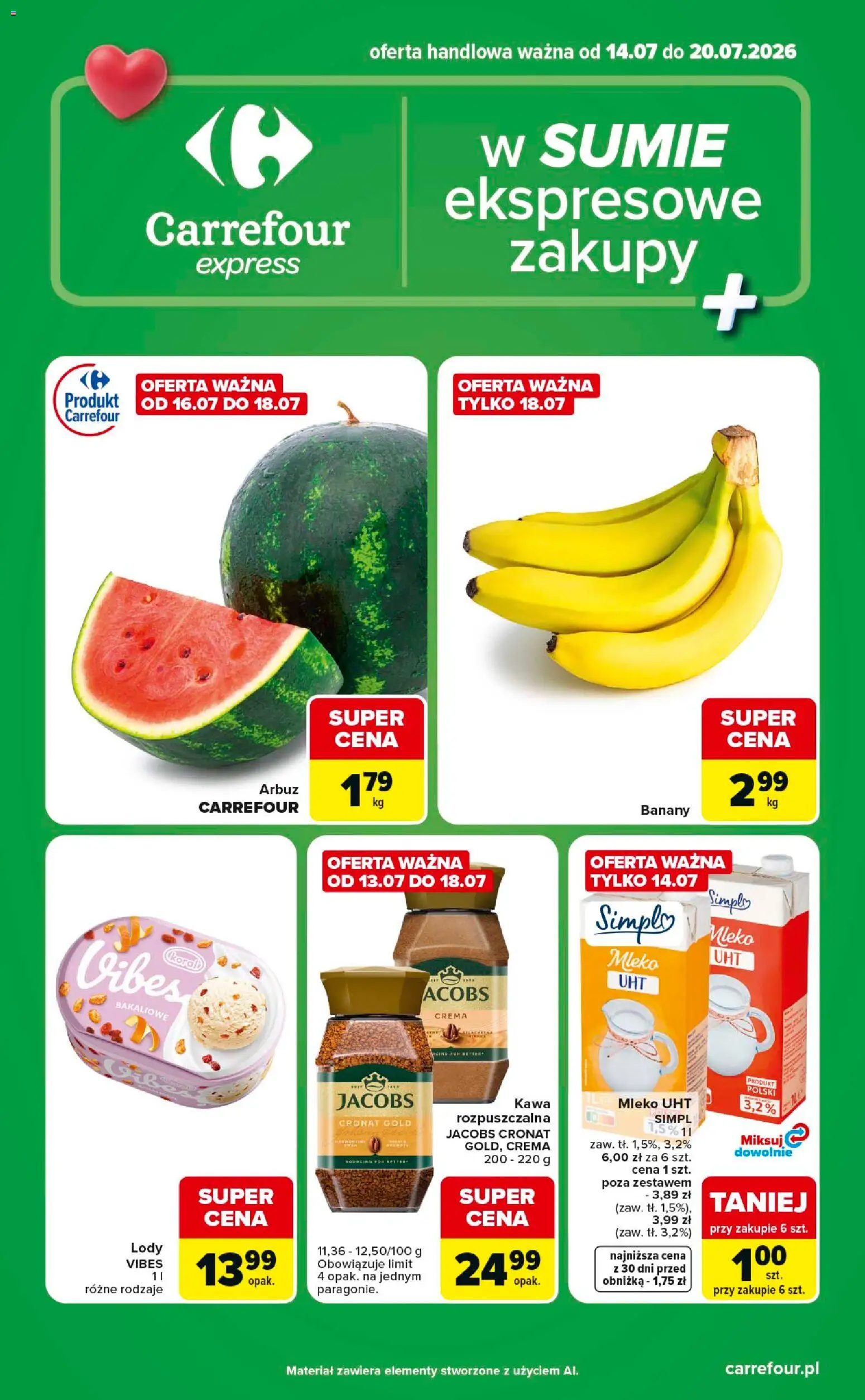 Carrefour gazetka - Express od 14.07.2026 | Strona: 1 | Produkty: Mleko, Kawa, Banany, Lody