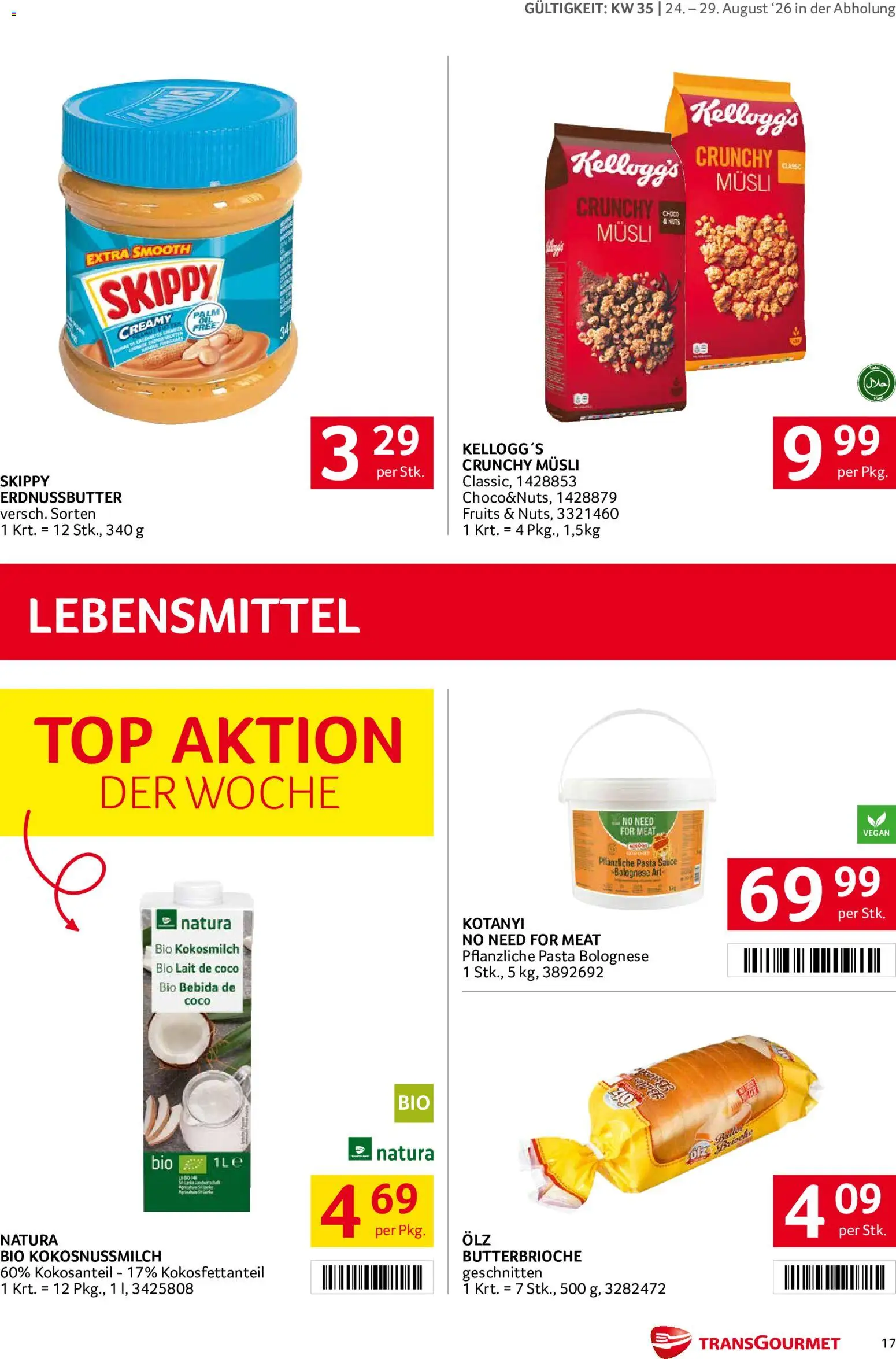 Transgourmet Flugblatt gültig ab 24.08.2026 | Seite: 17 | Produkte: Pasta, Lebensmittel, Kokosmilch, Brioche