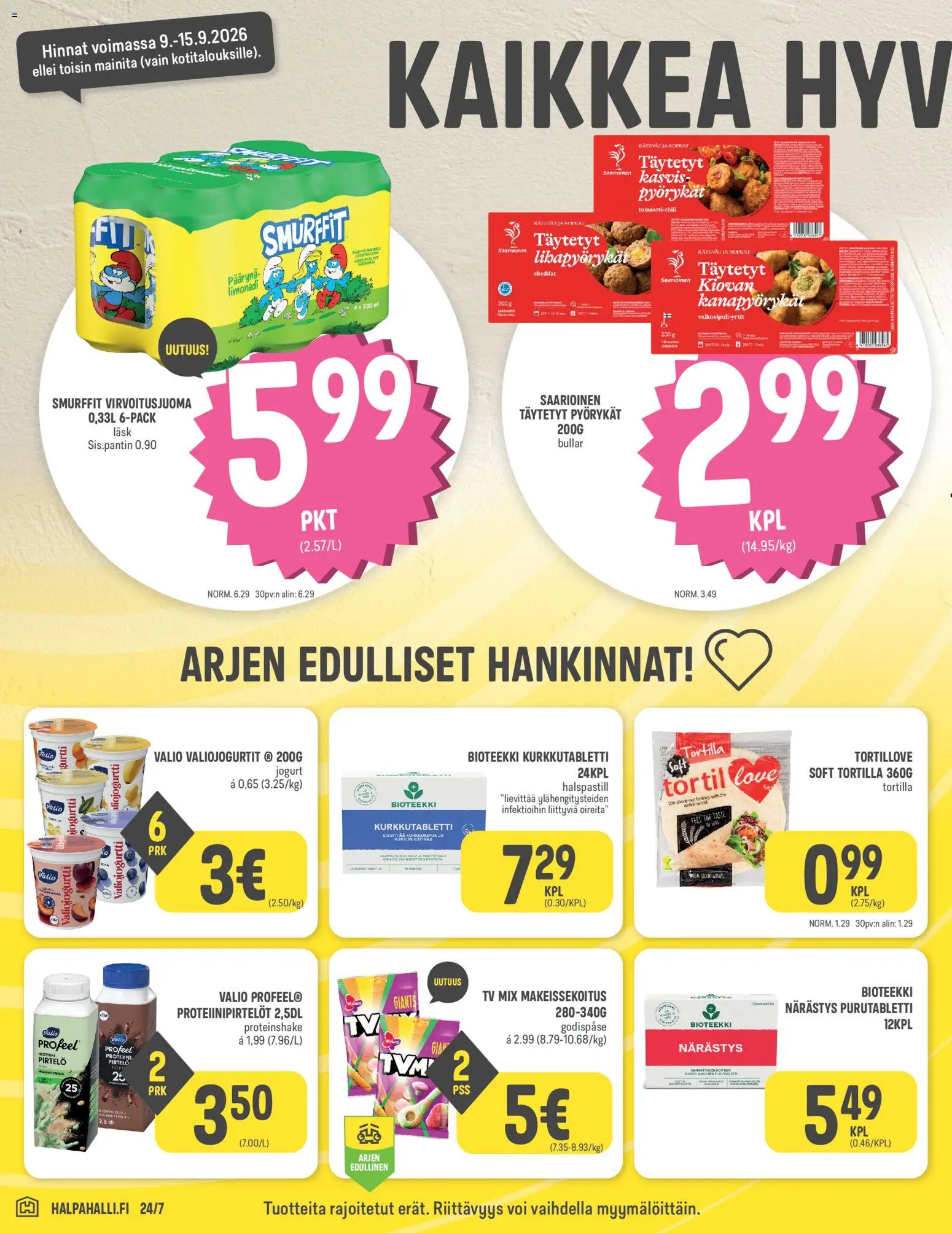 Halpa Halli tarjoukset – voimassa 09/09/2026 alkaen | Sivu: 4 | Tuotteet: Voi, Jogurtti, Tortilla, TV