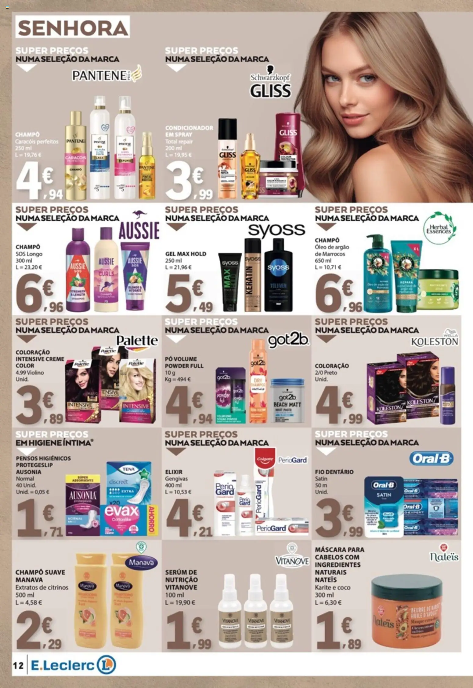 E.Leclerc - Folheto Moda e Beleza Outono-Inverno │ válido de 15/09/2026 | Página: 12 | Produtos: Pensos higiénicos, Ingredientes, Shampoo, Óleo