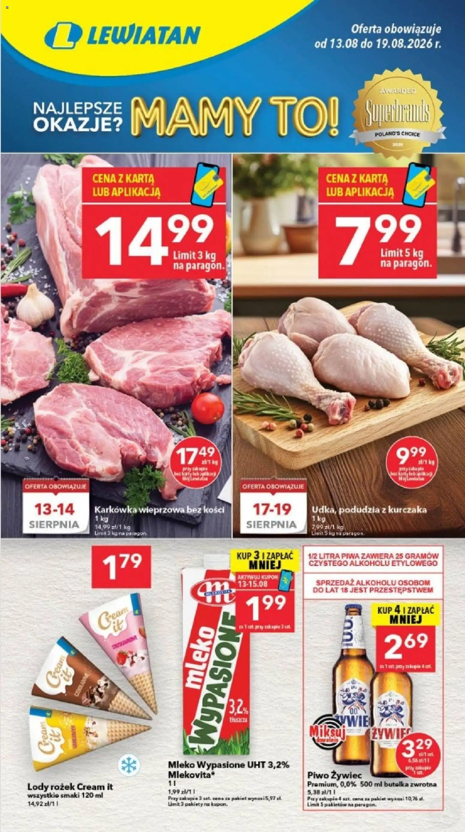 Lewiatan gazetka - Gdańsk od 13.08.2026 | Strona: 1 | Produkty: Karta, Mleko wypasione, Karkówka, Piwo