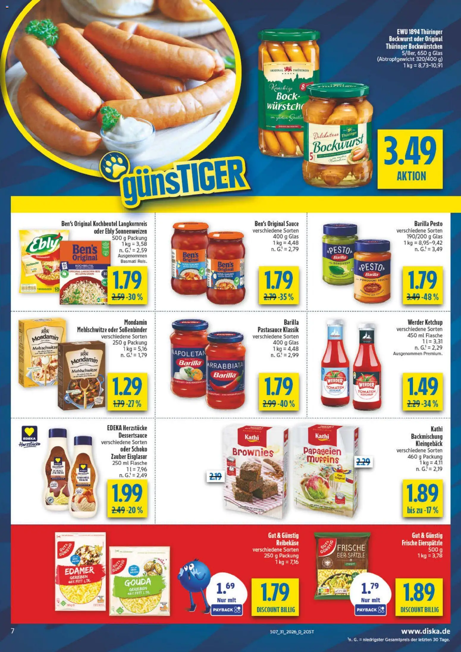 Diska Prospekt – gültig ab 27.07.2026 | Seite: 7 | Produkte: Bockwurst, Barilla, Gouda, Tomaten