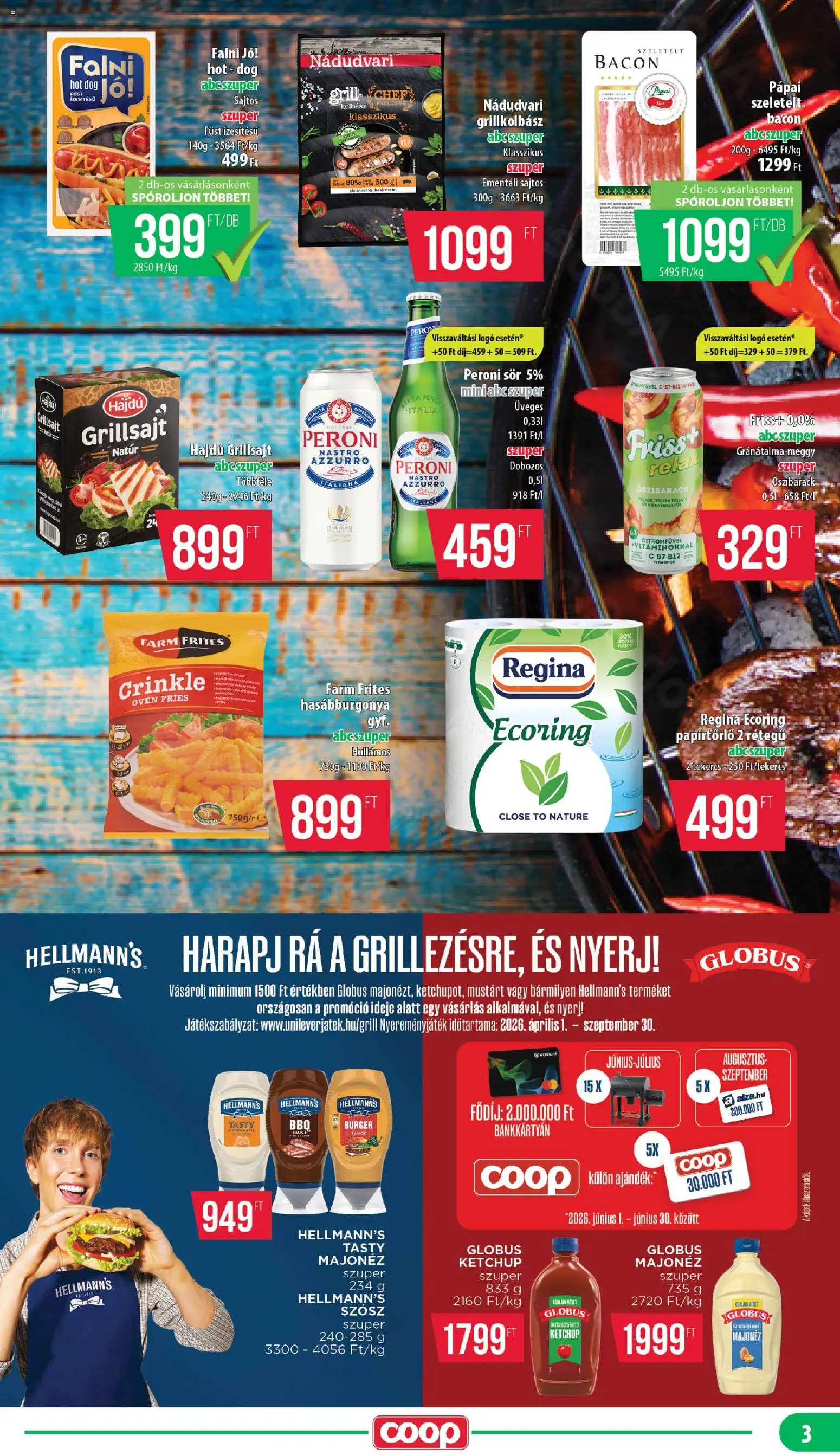 COOP akciós ujság - amely érvényes a következő dátumtól: 25.06.2026 | Oldal: 3 | Termékek: Hot dog, Kolbász, Grillsajt, Ketchup