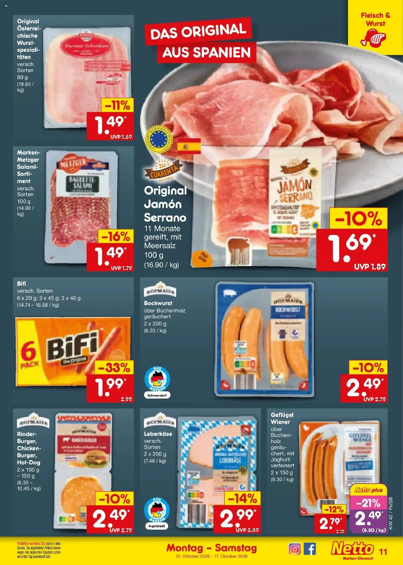 Netto Marken-Discount Prospekt Amberg (ab 12.10.2026) » Angebote | Seite: 13 | Produkte: Wurst, Salami, Fleisch, Leberkase
