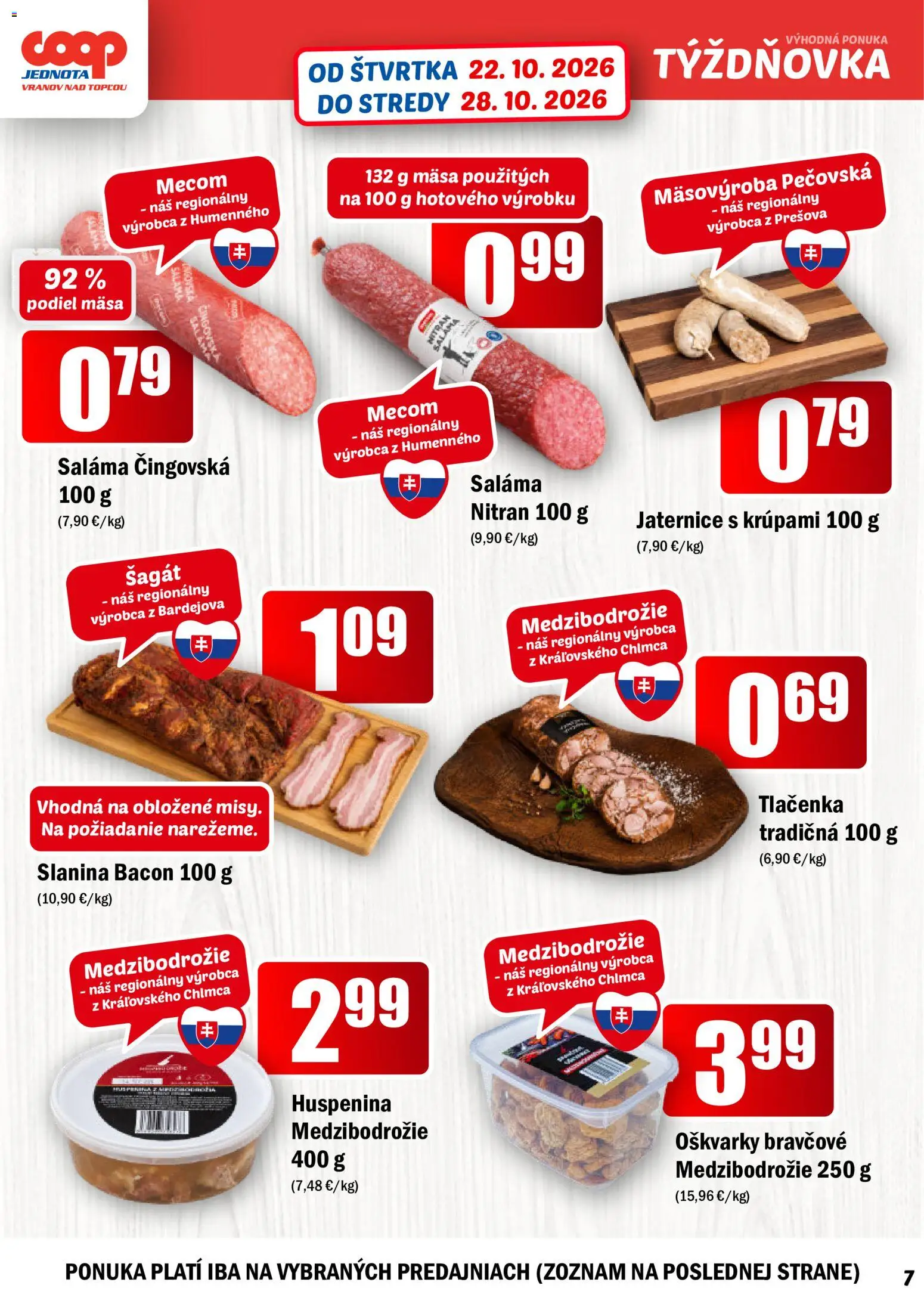 Nové COOP Jednota akcie – leták je platný od 22.10.2026 | Strana: 7 | Produkty: Saláma, Slanina, Tlačenka