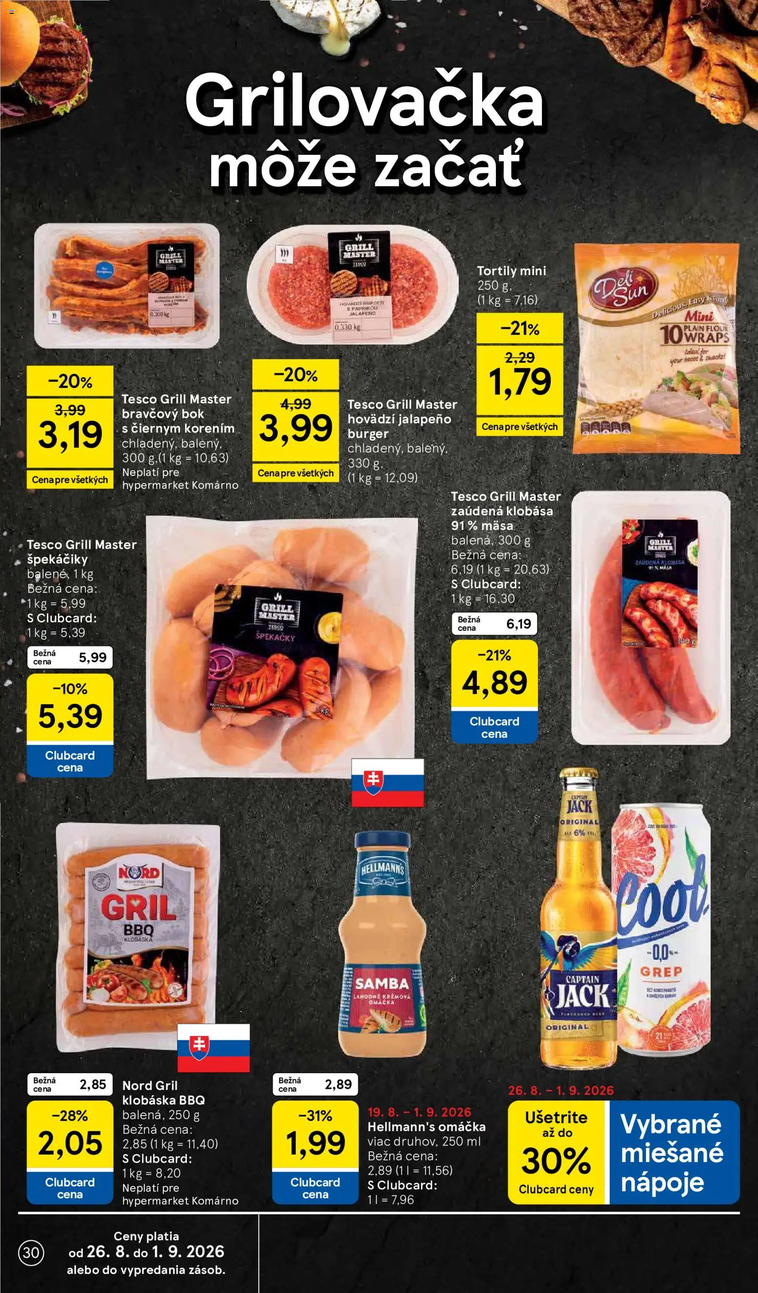 Nové Tesco akcie – leták je platný od 26.08.2026 | Strana: 30 | Produkty: Gril, Klobása, Nápoje, Bravčový bok
