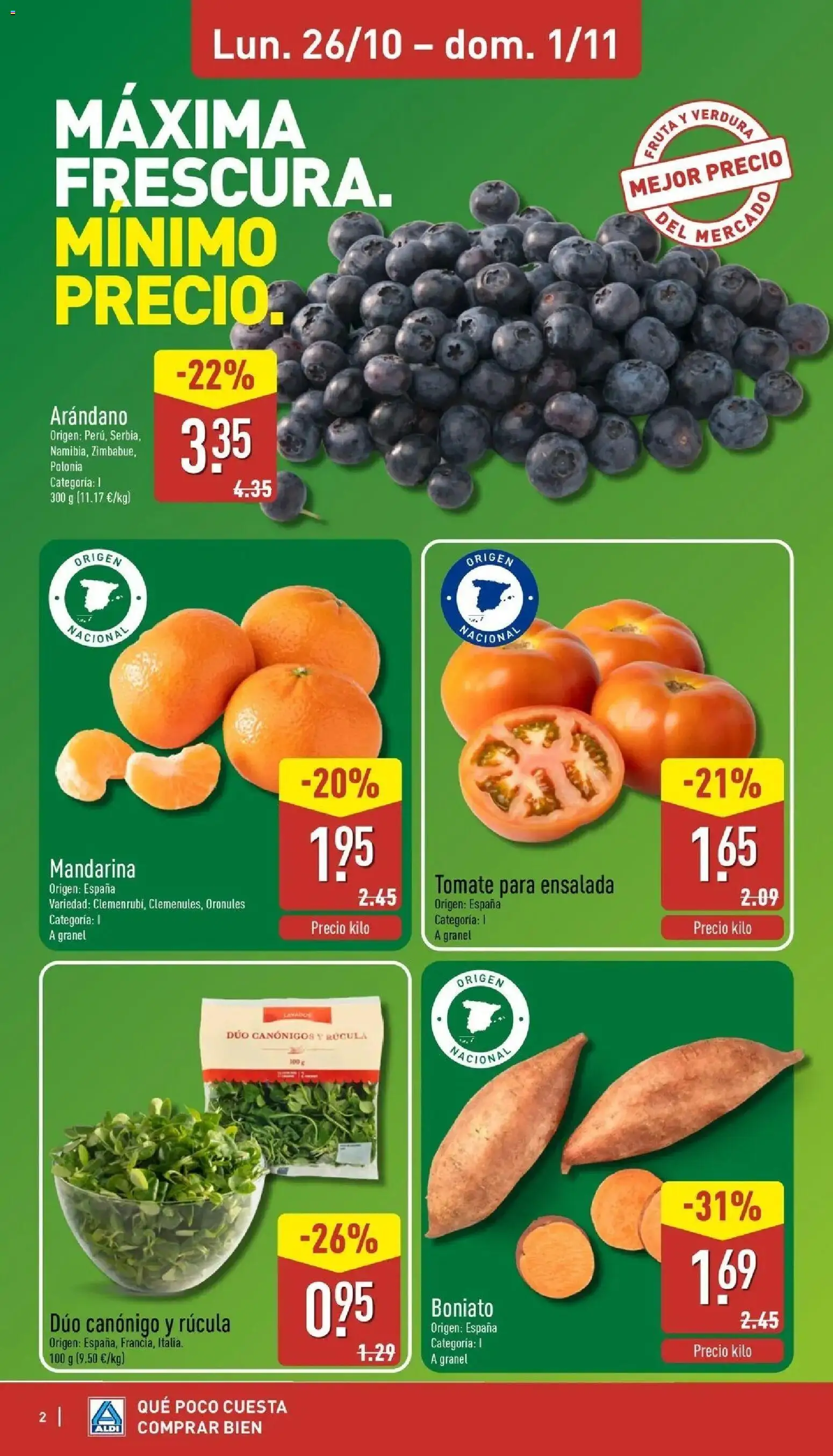Aldi - Qué poco cuesta comprar bien │ válido desde el 26/10/2026 | Página: 2 | Productos: Fruta, Tomate, Boniato, Ensalada