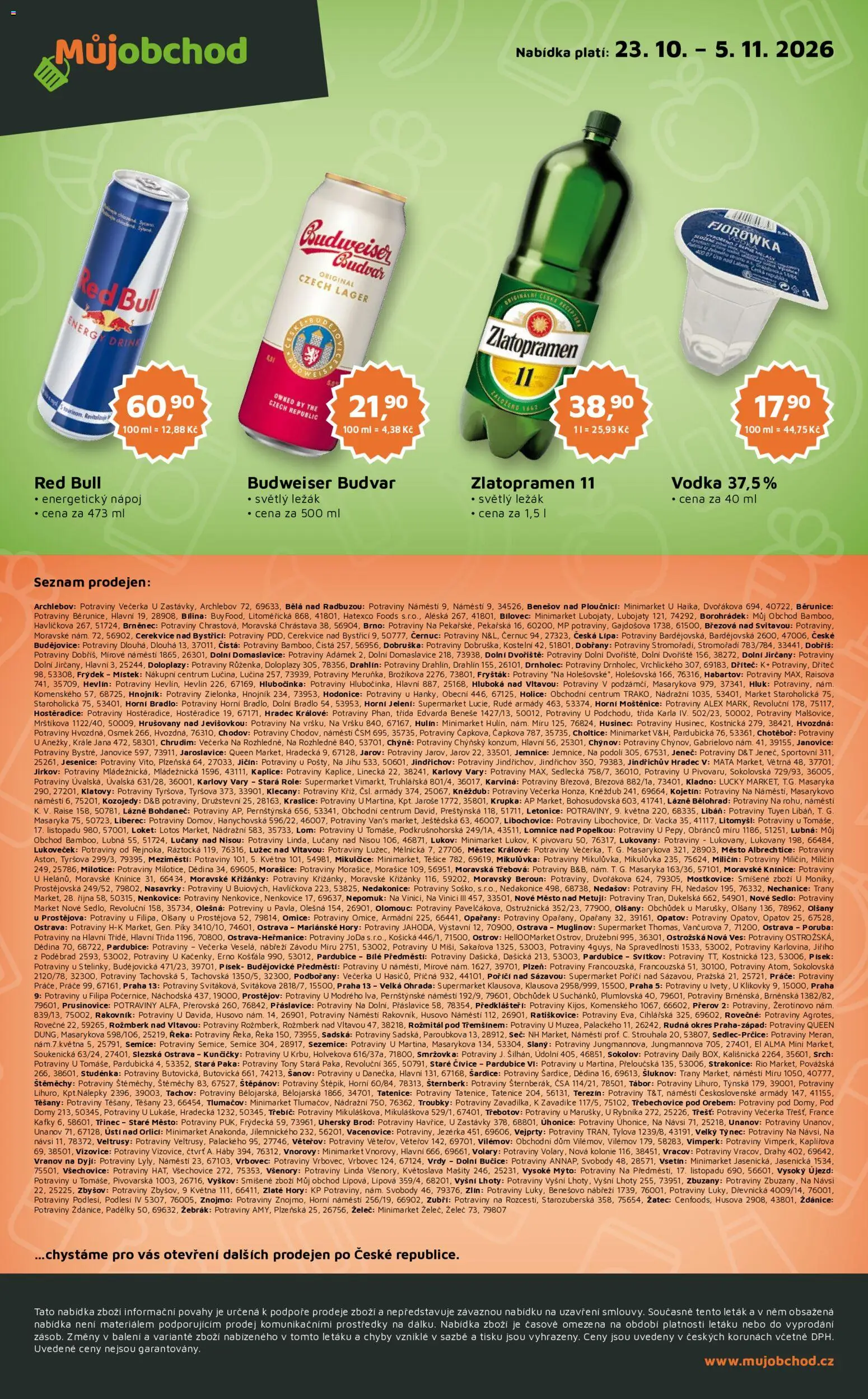 Můj obchod leták od 23.10.2026 | Strana: 4 | Produkty: Budvar, Lučina, Red Bull, Potraviny