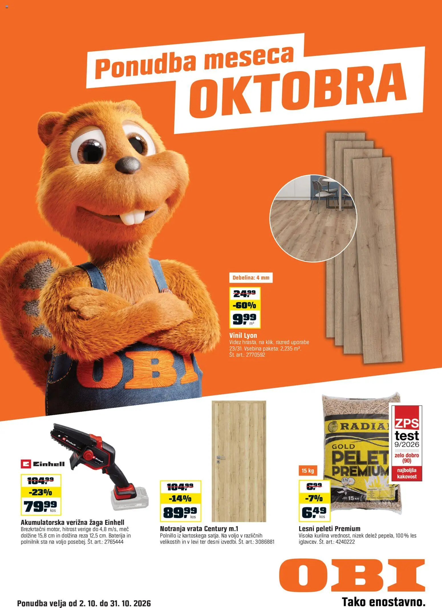 Novi OBI katalog ponudbe – veljaven od 02.10.2026 | Stran: 1 | Izdelki: Baterija, Verižna žaga, Polnilnik, Vrata