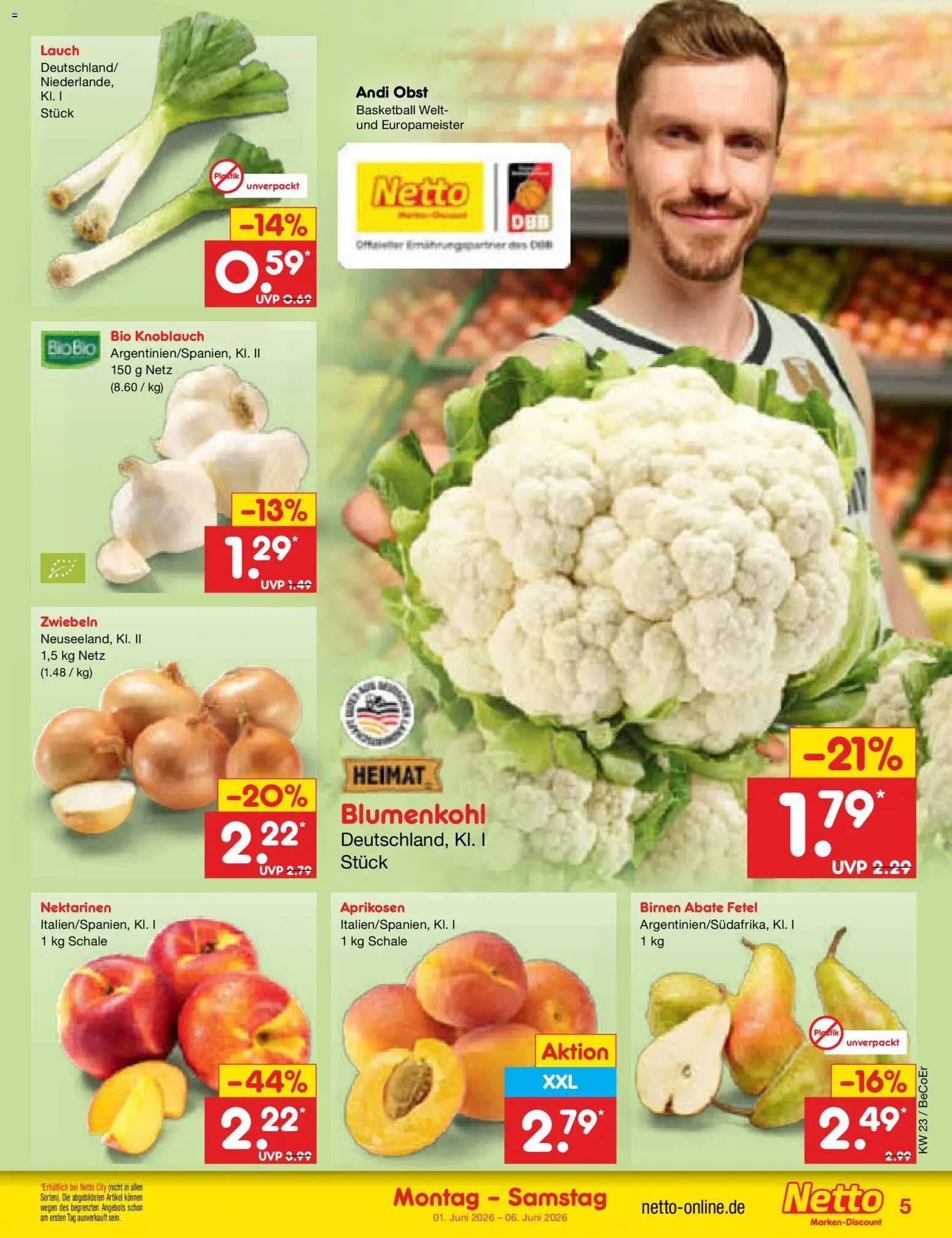 Netto Marken-Discount Prospekt – gültig ab 01.06.2026 | Seite: 5 | Produkte: Nektarinen, Zwiebeln, Obst, Basketball