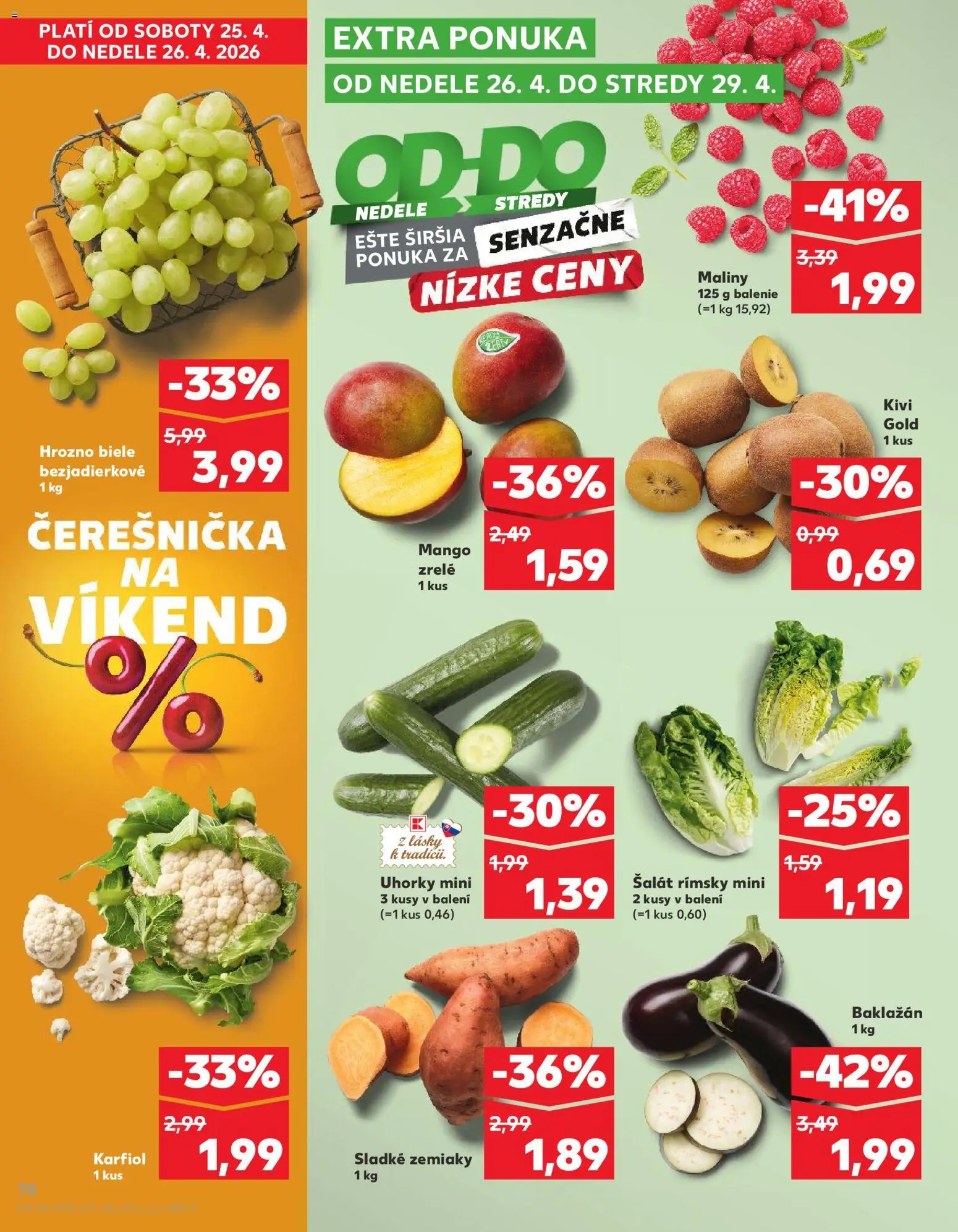 Nové Kaufland akcie – leták je platný od 23.04.2026 | Strana: 70 | Produkty: Karfiol, Zemiaky, Mango, Hrozno