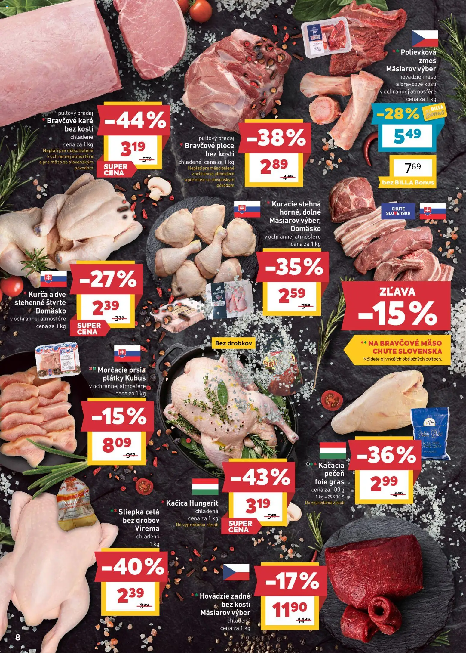 Nové Billa akcie – leták je platný od 14.10.2026 | Strana: 8 | Produkty: Hovädzie zadné, Kačica, Morčacie prsia, Bravčové mäso