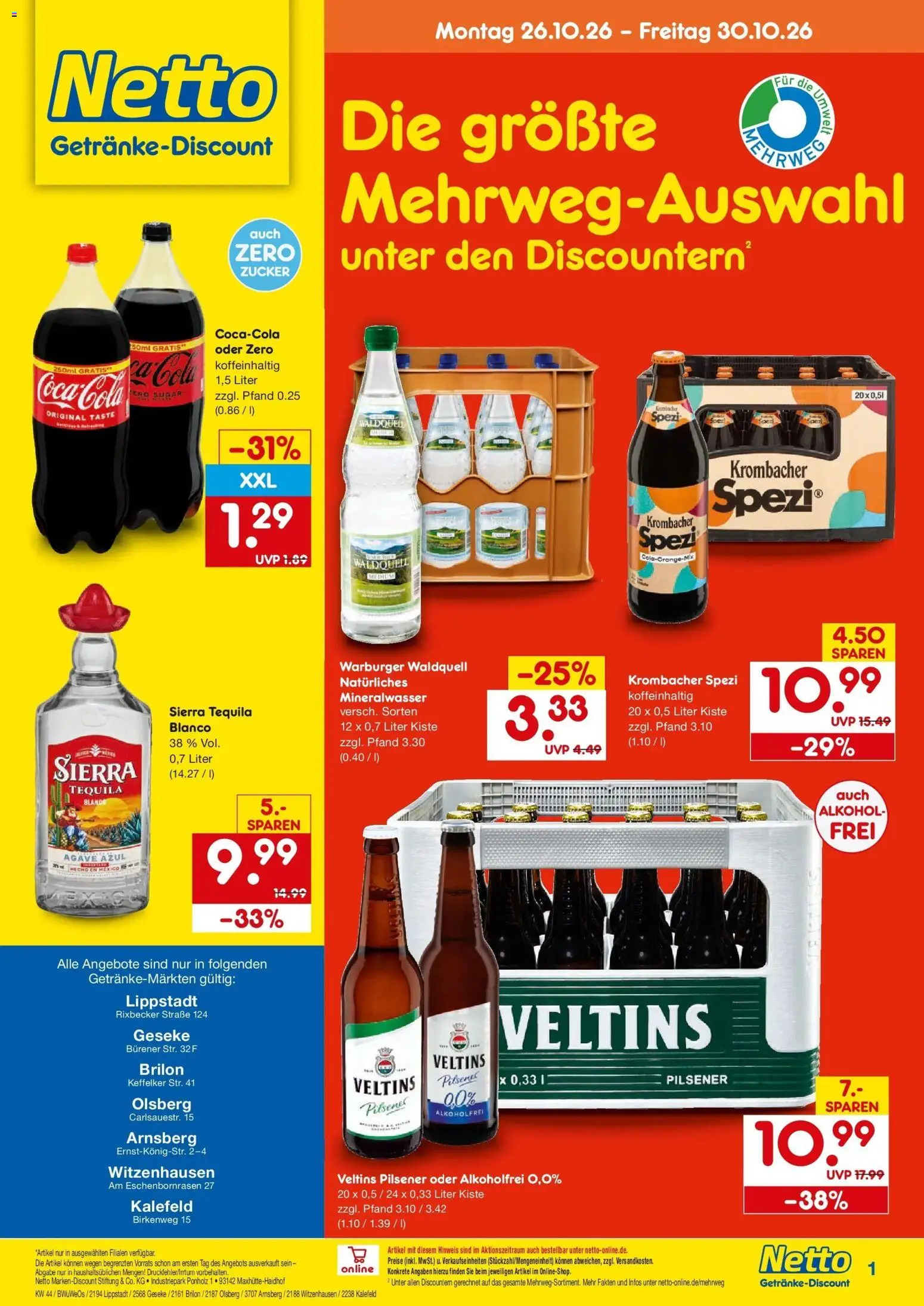 Netto Marken-Discount Prospekt Arnsberg – gültig ab 26.10.2026 | Seite: 1 | Produkte: Cola, Zucker, Krombacher, Veltins