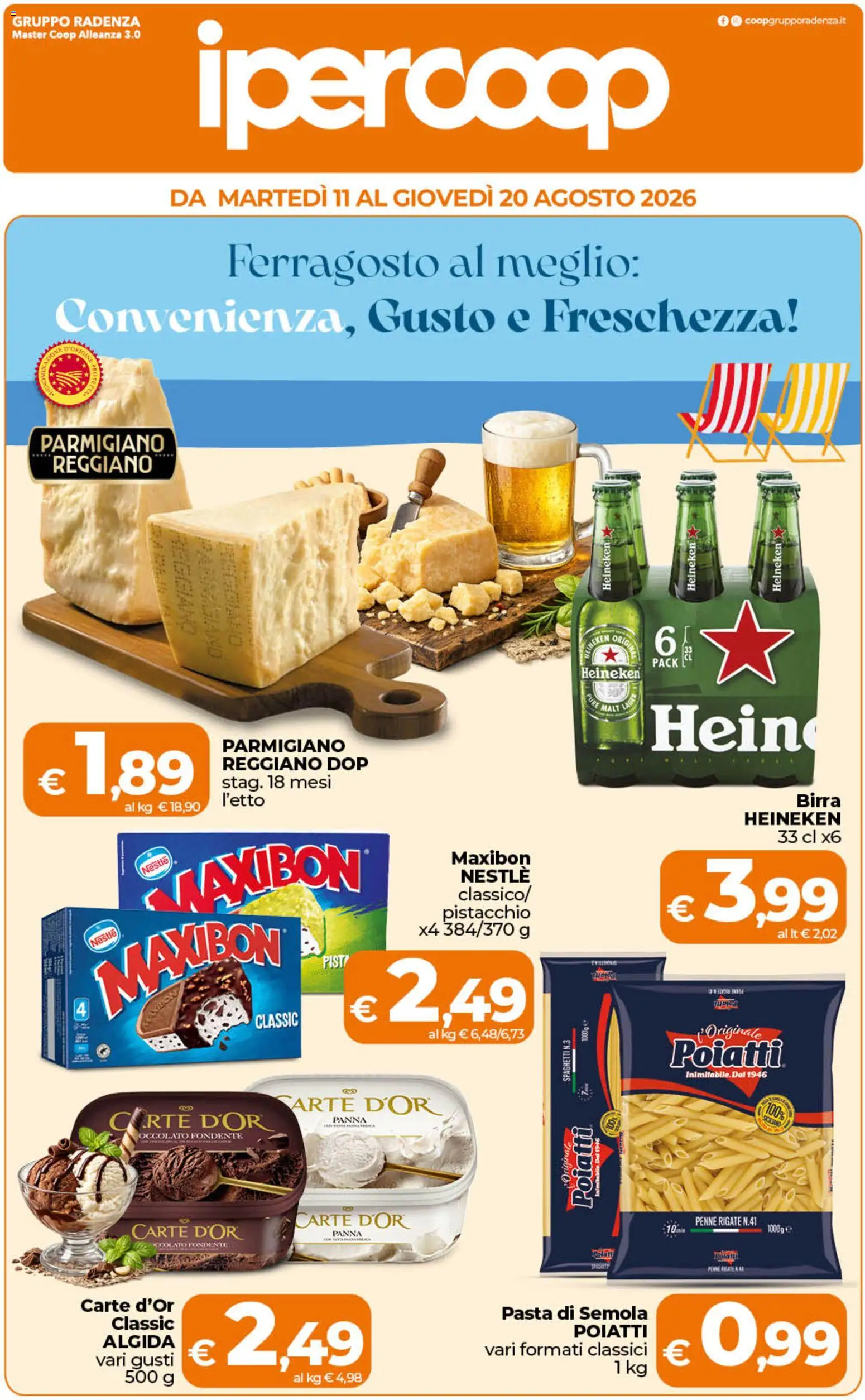 Volantino Ipercoop del 11/08/2026 | Pagina: 1 | Prodotti: Birra, Semola, Parmigiano reggiano, Spaghetti