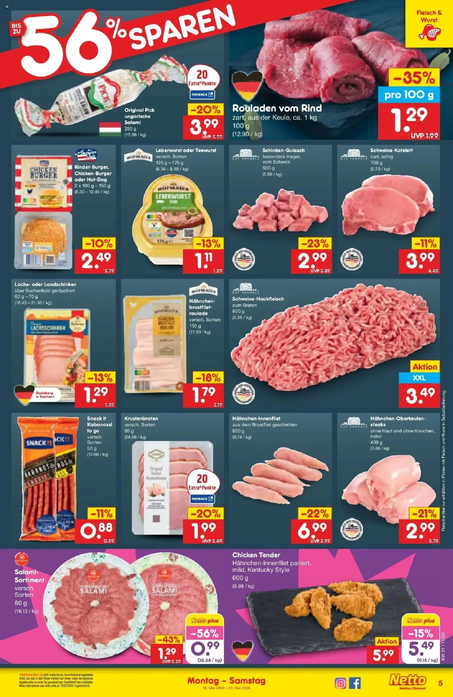 Netto Marken-Discount Prospekt Pirna	 – gültig ab 17.05.2026 | Seite: 5 | Produkte: Hahnchen, Krustenbraten, Wurst, Fleisch