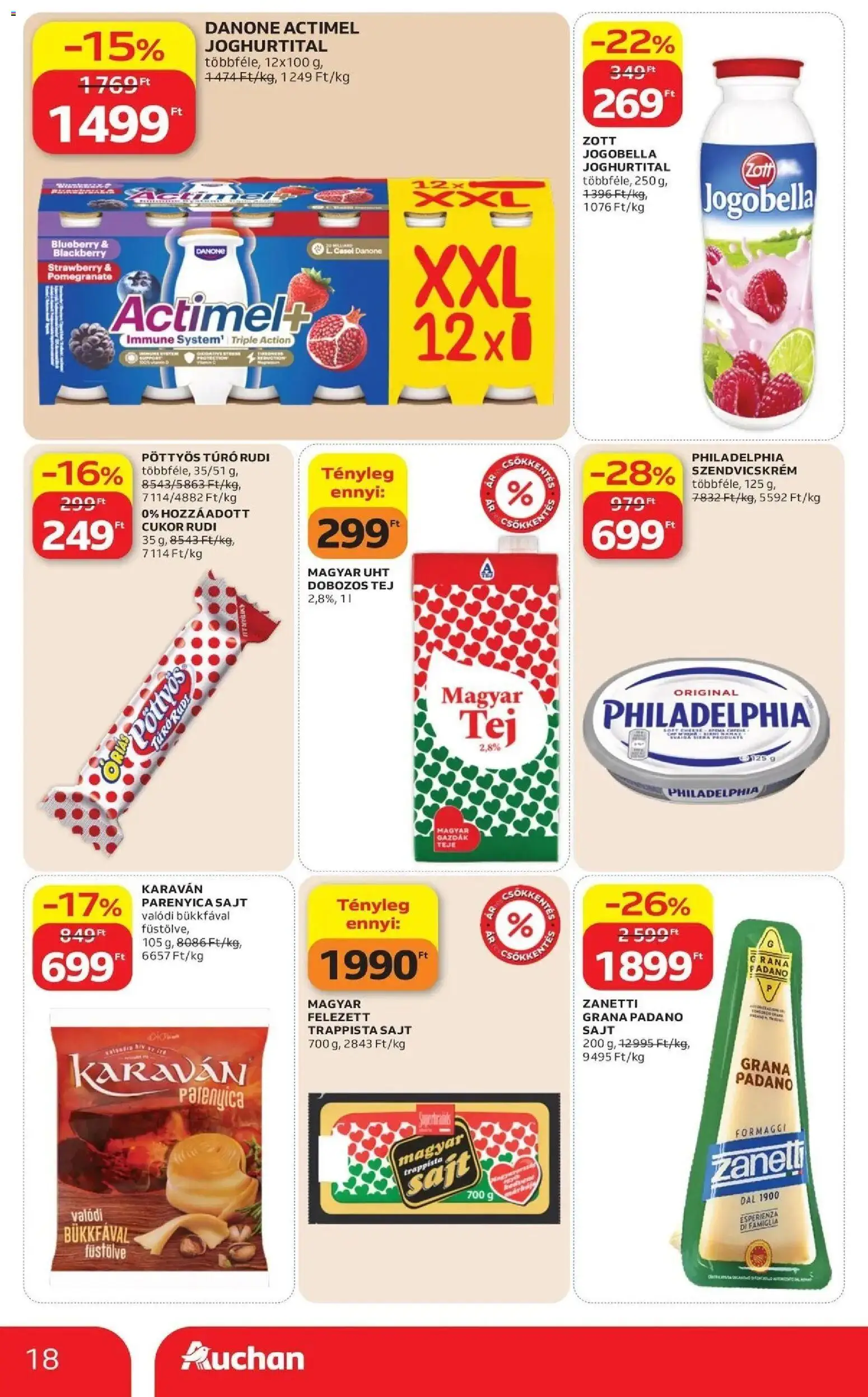 Auchan akciós ujság - amely érvényes a következő dátumtól: 2026.09.24. | Oldal: 18 | Termékek: Philadelphia, Jogobella, Actimel, Cottage cheese