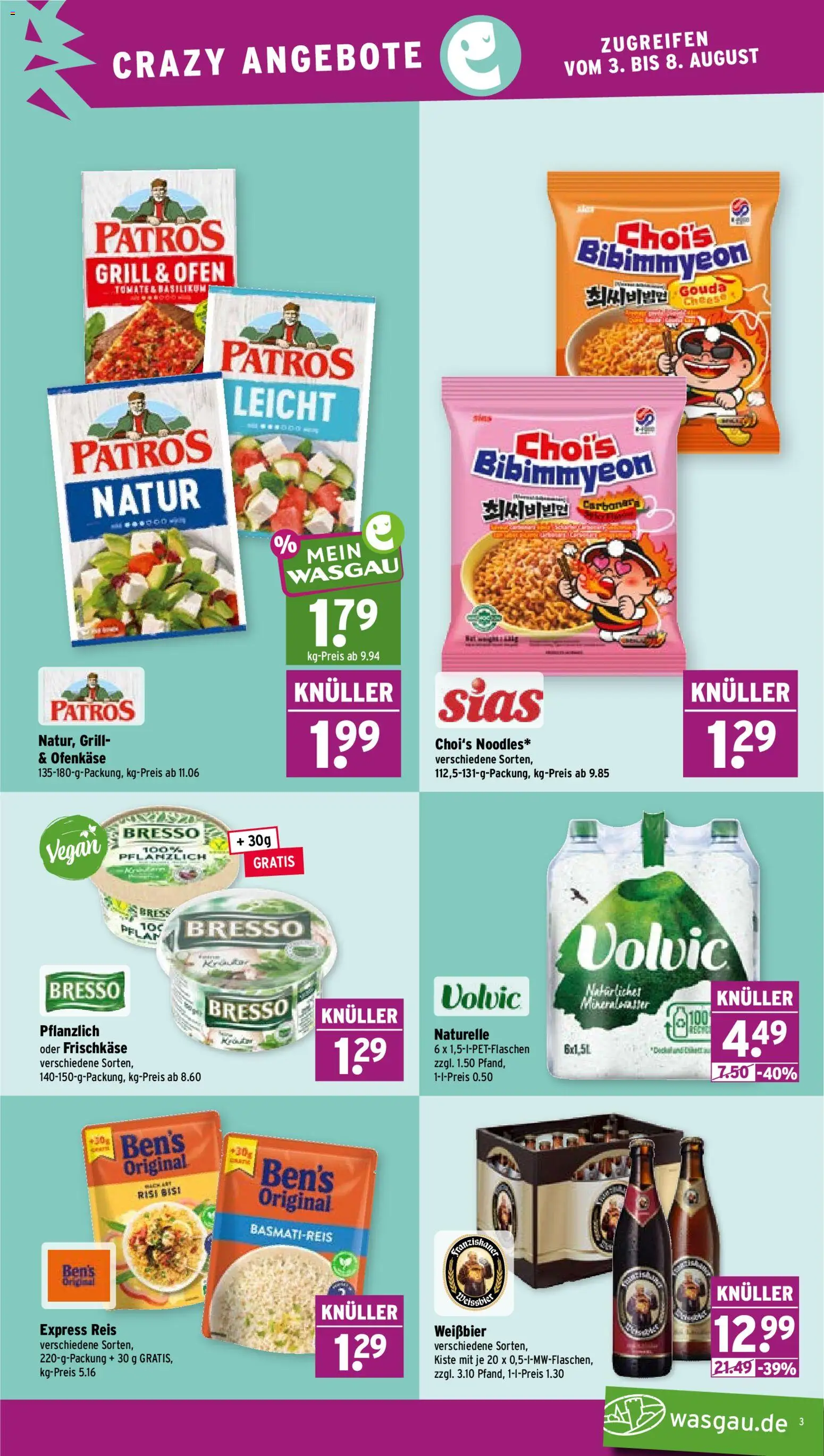 Wasgau Prospekt – gültig ab 03.08.2026 | Seite: 3 | Produkte: Ofen, Grill, Basmatireis, Volvic