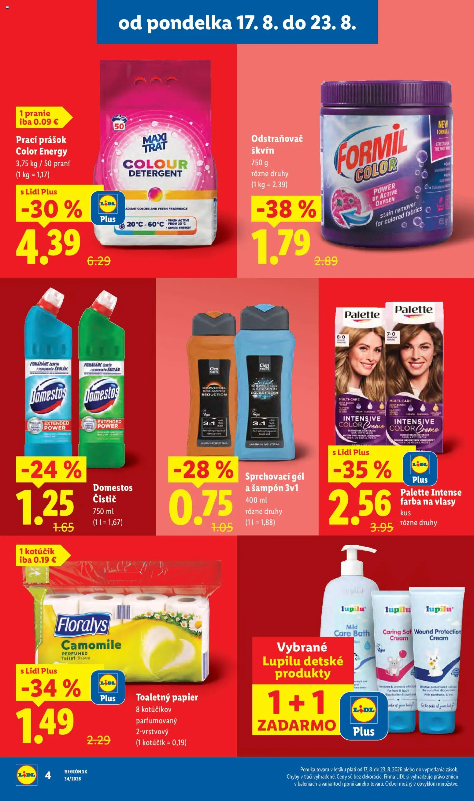 Nové Lidl akcie – leták je platný od 17.08.2026 | Strana: 4 | Produkty: Šampón, Toaletný papier, Farba na vlasy, Domestos