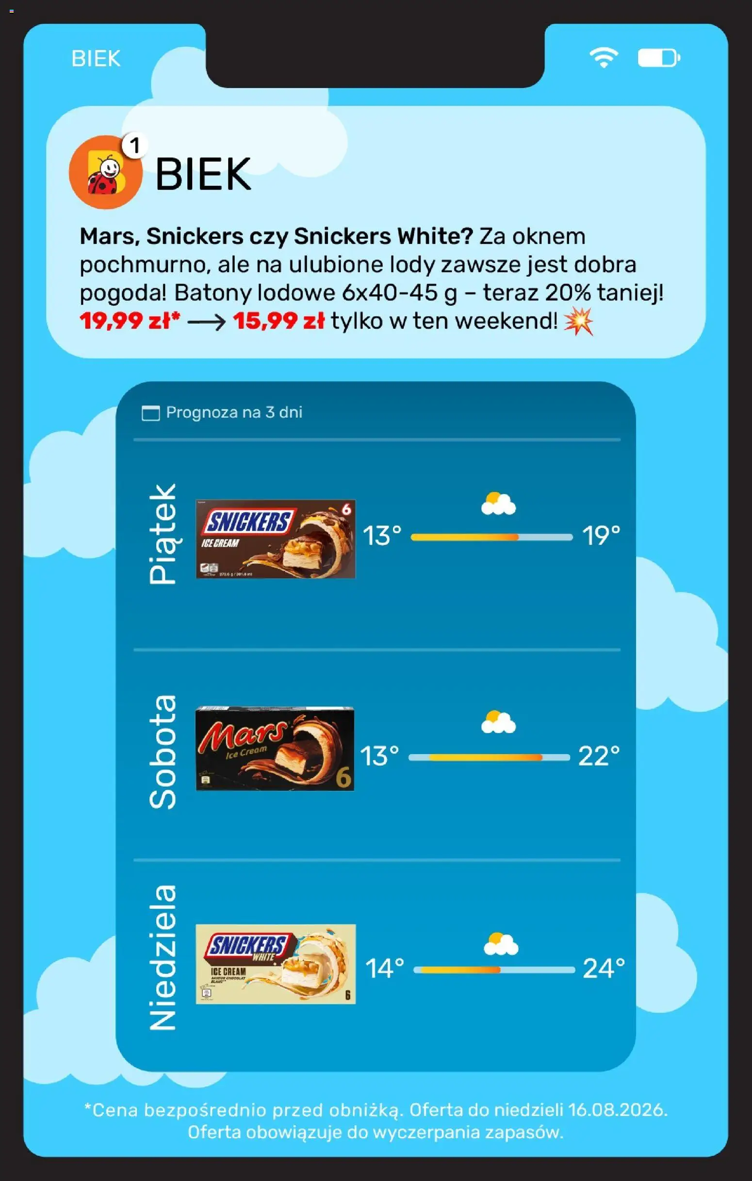 Biedronka gazetka - Biek od 13.08.2026 | Strona: 19 | Produkty: Snickers, Lody