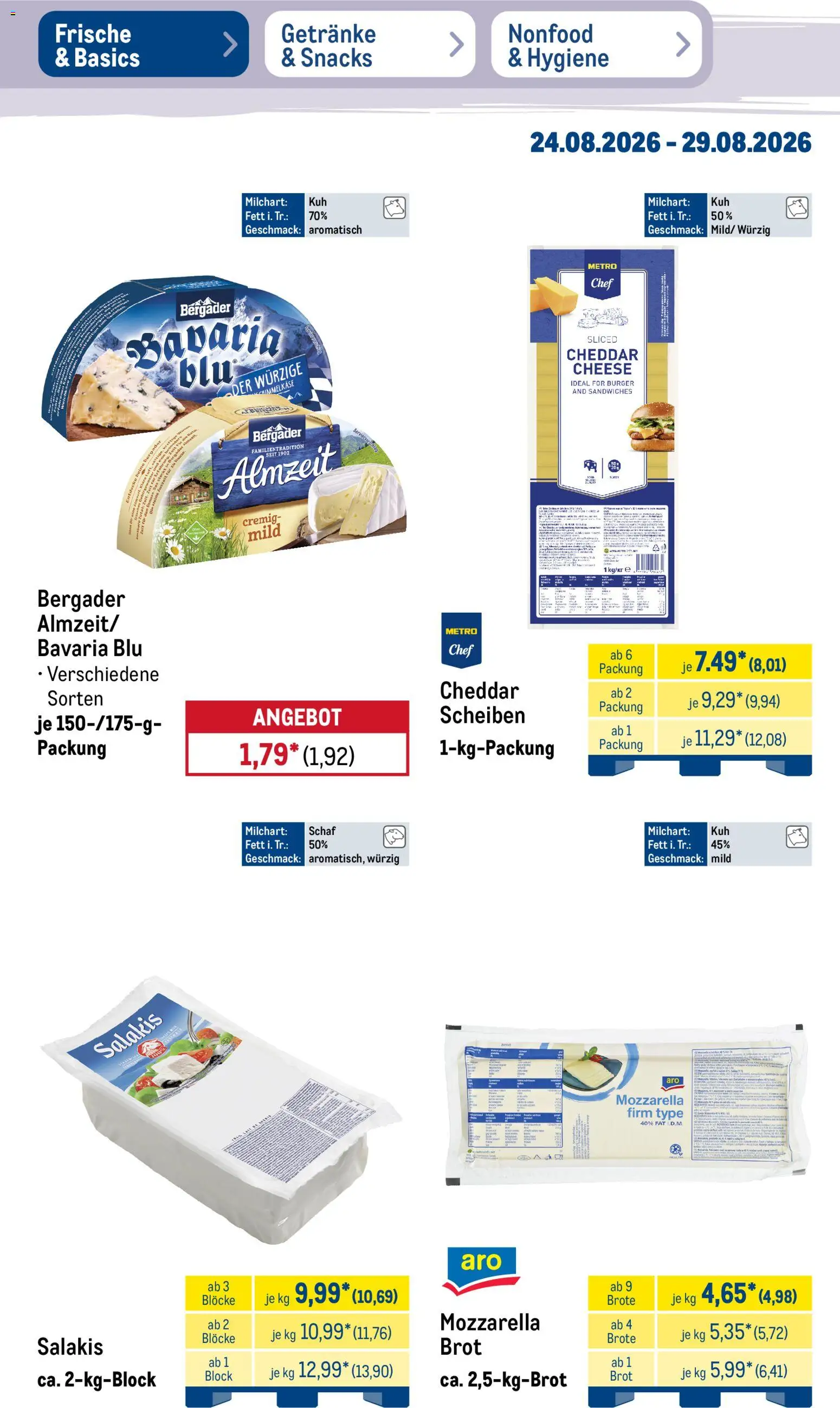 Metro Prospekt – gültig ab 24.08.2026 | Seite: 15 | Produkte: Mozzarella, Burger, Salakis, Brot