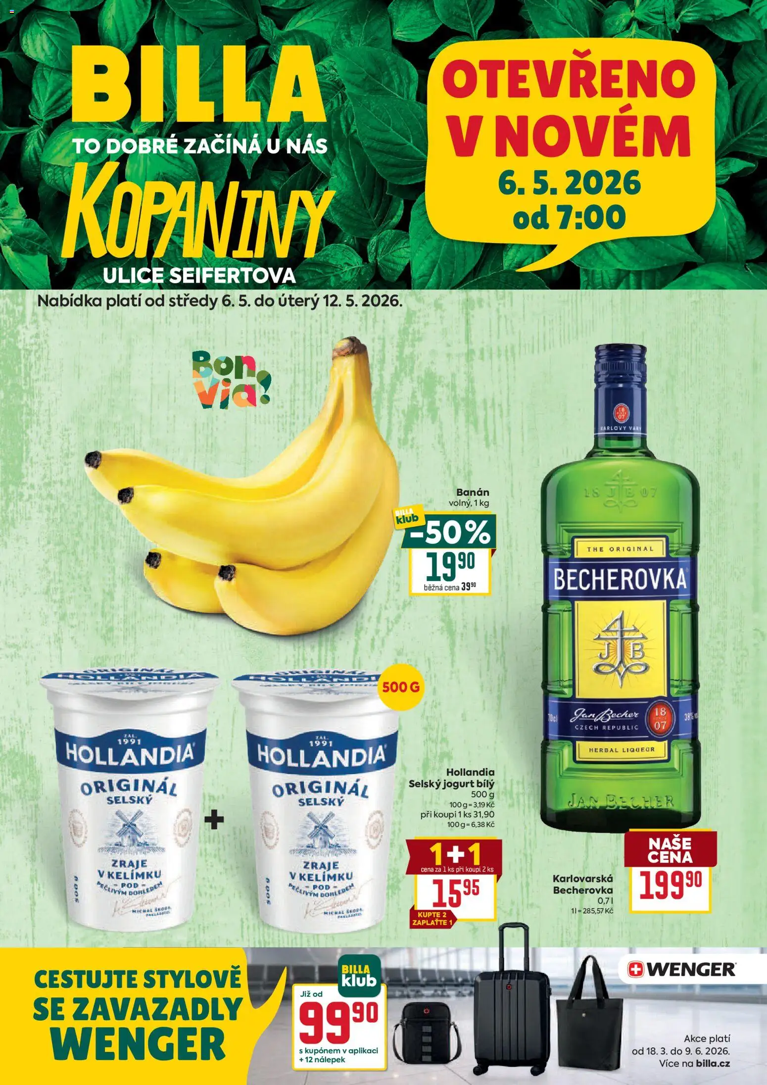 Billa Malý leták - Kopaniny  od 06.05.2026 | Strana: 1 | Produkty: Jogurt, Banán, Wenger, Becherovka