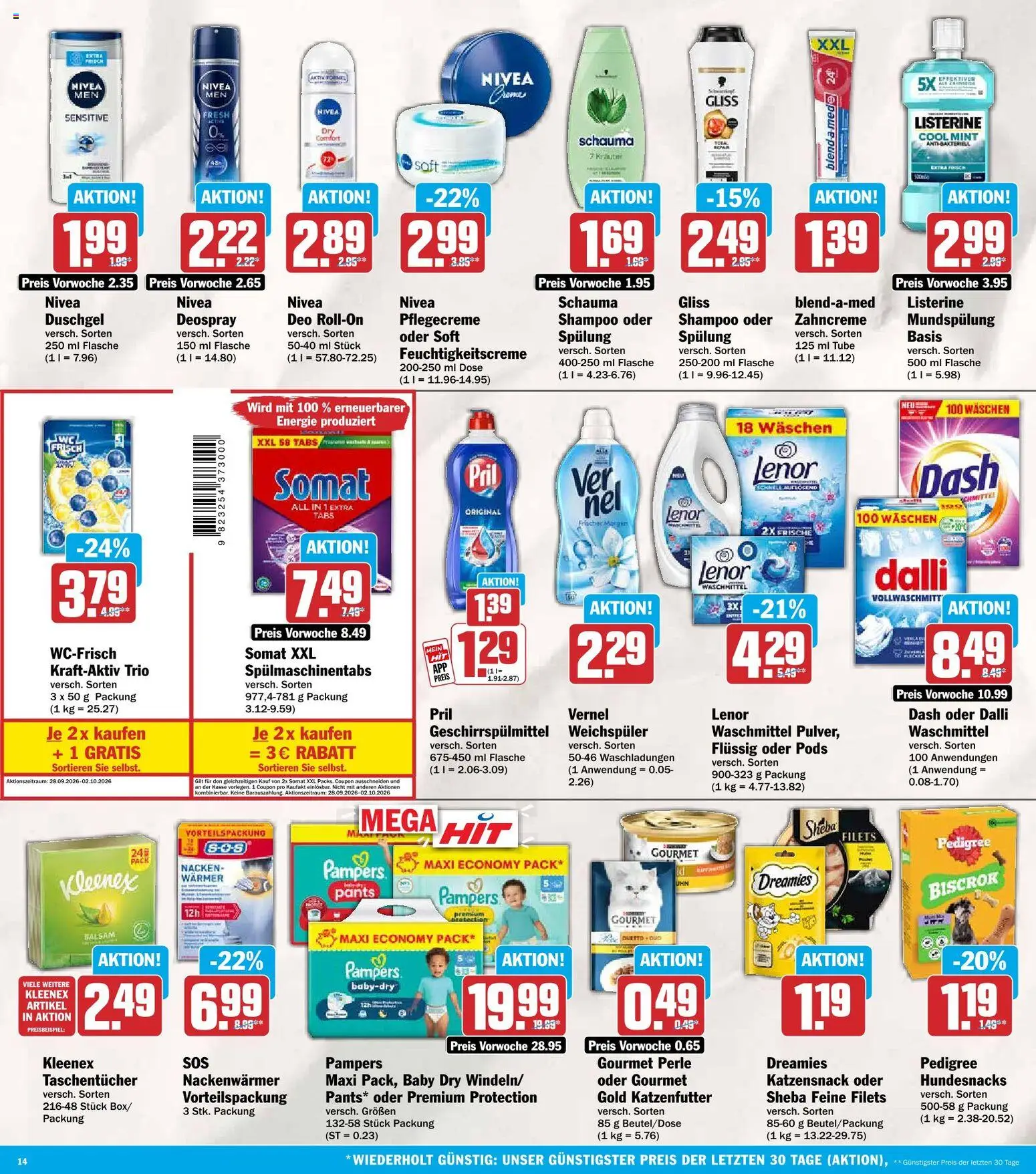 HIT Prospekt – gültig ab 28.09.2026 | Seite: 14 | Produkte: Spülmaschinentabs, Deospray, Pedigree, Vernel