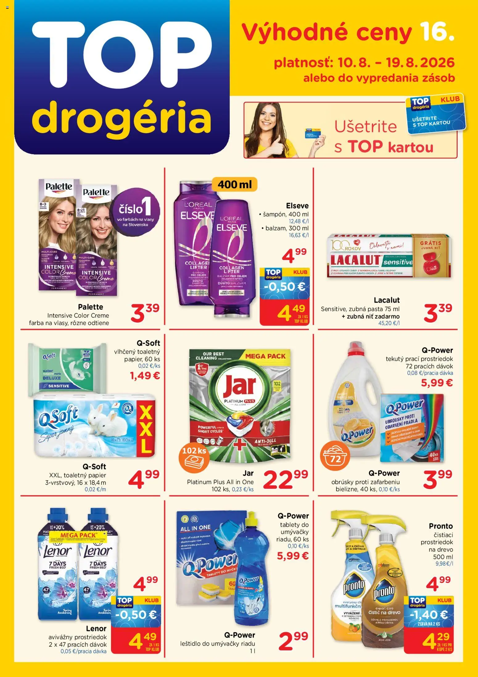 Nové TOP Drogéria akcie – leták je platný od 10.08.2026 | Strana: 1 | Produkty: Prací gél, Tablety do umývačky, Leštidlo  do umývačky riadu, Lenor