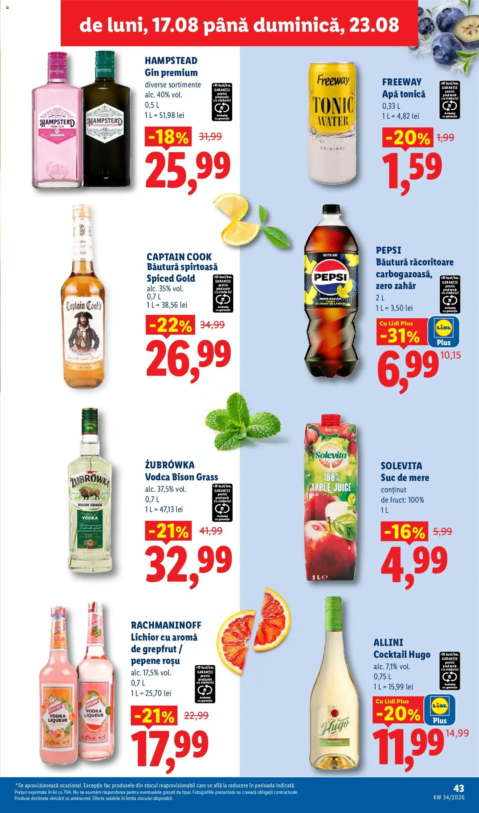 Noul catalog Lidl – valabil de la 17.08.2026 | Pagină: 43 | Produse: Pepsi, Cola, Suc, Cocktail