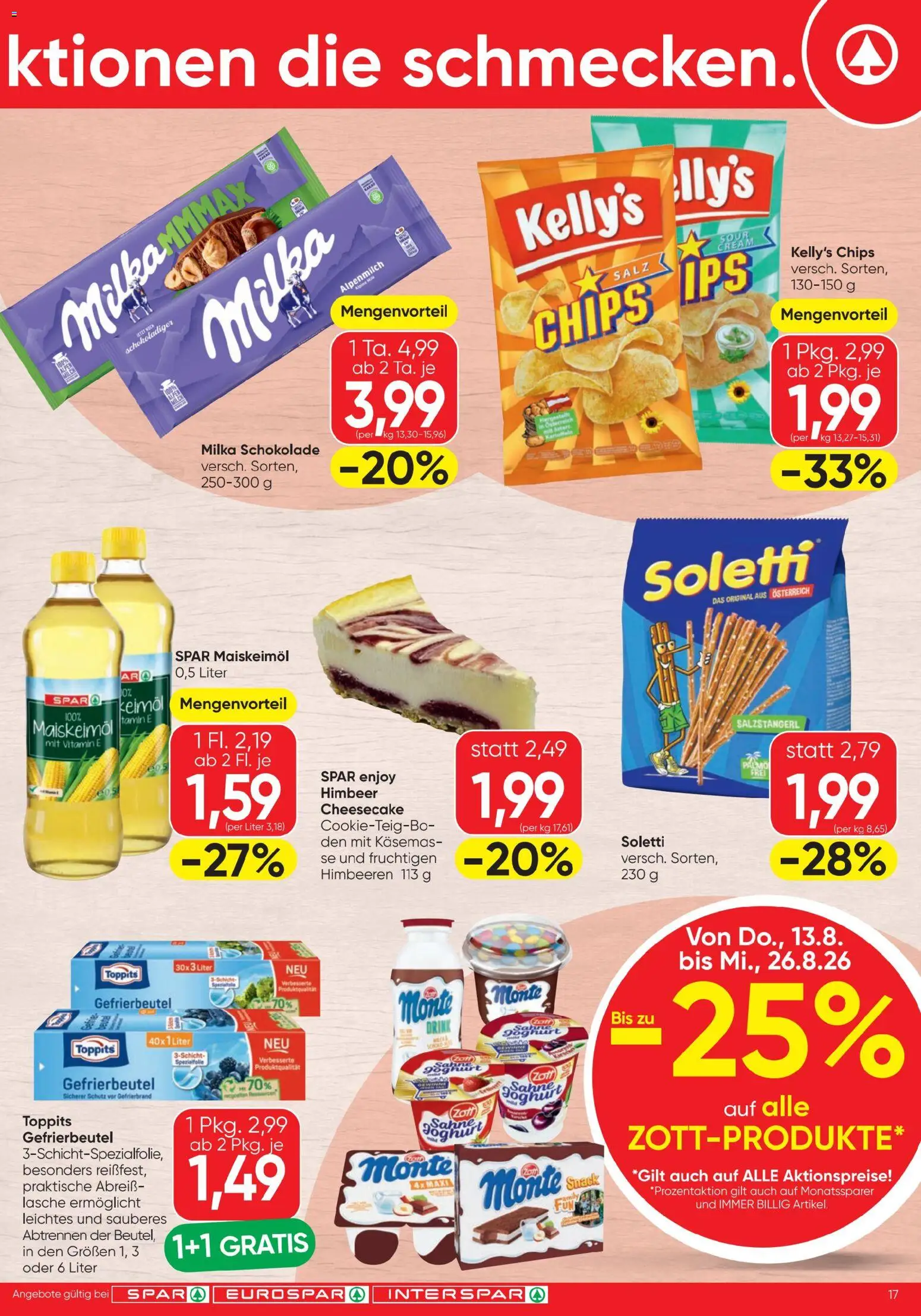 Spar - Flugblatt gültig ab 13.08.2026 | Seite: 17 | Produkte: Chips, Salz, Joghurt, Schokolade