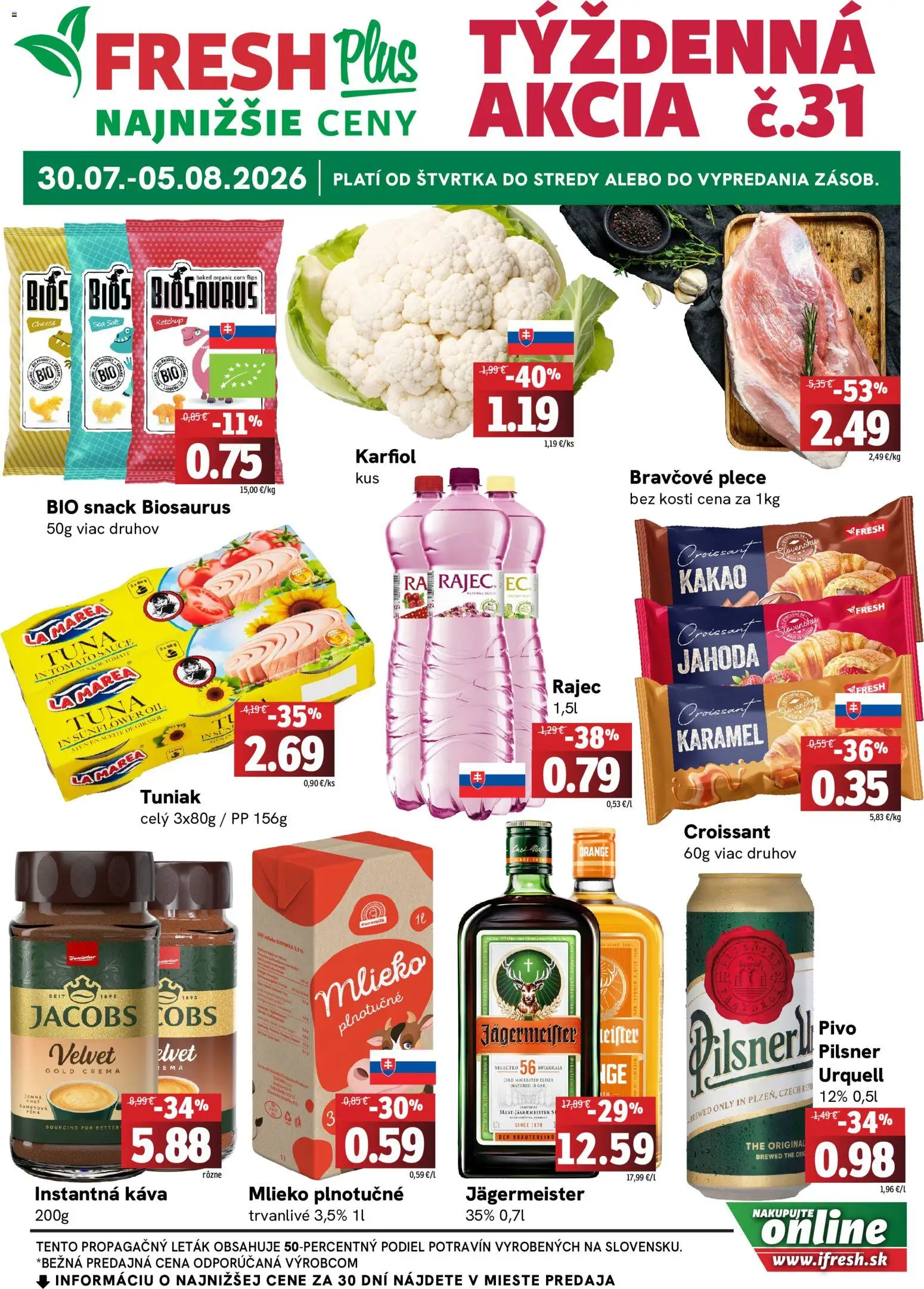 Nové Fresh akcie – leták je platný od 30.07.2026 | Strana: 1 | Produkty: Pilsner Urquell, Káva, Karfiol, Rajec