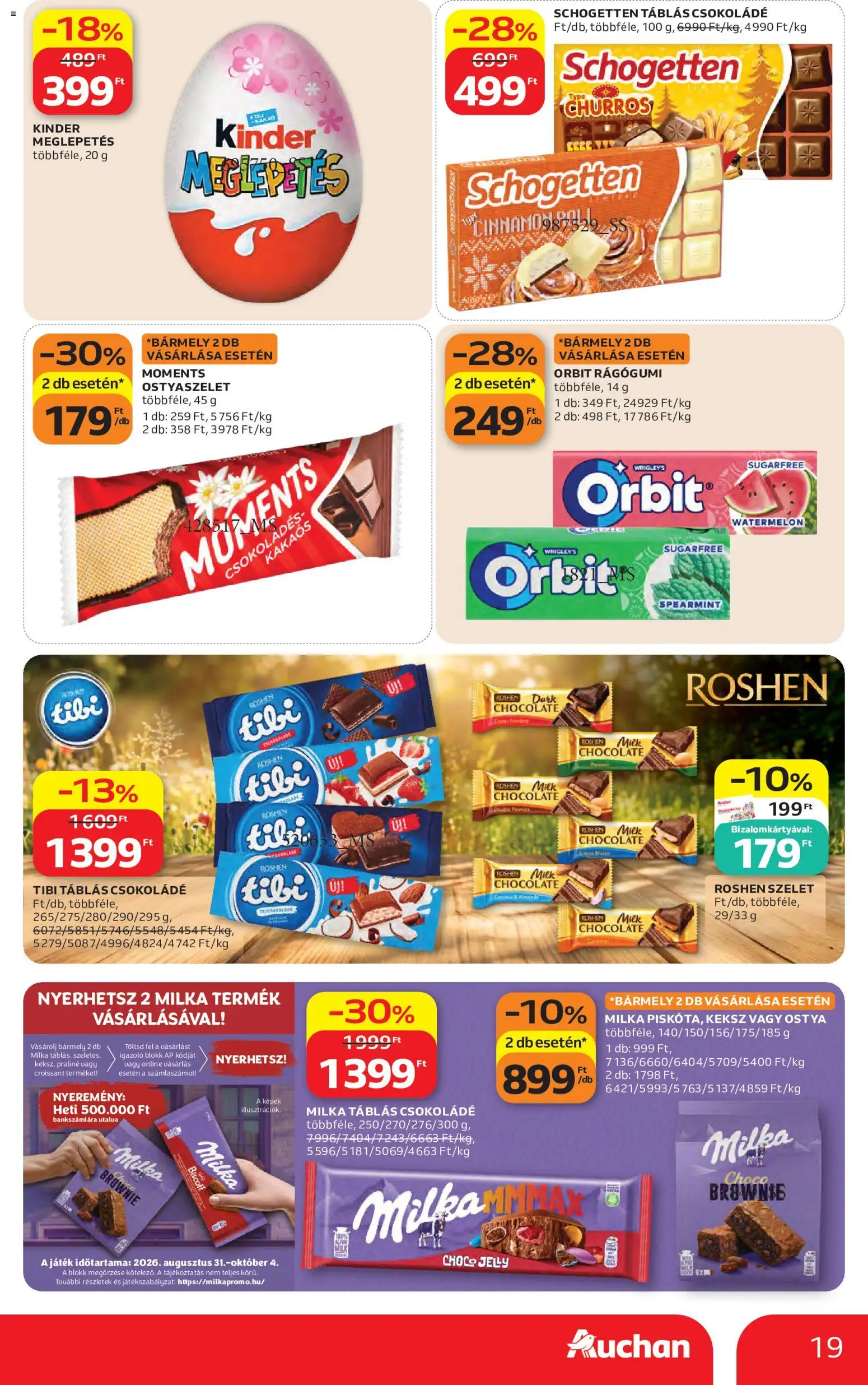 Auchan akciós ujság - amely érvényes a következő dátumtól: 2026.09.10. | Oldal: 19 | Termékek: Schogetten, Ostyaszelet, Praliné, Csokoládé