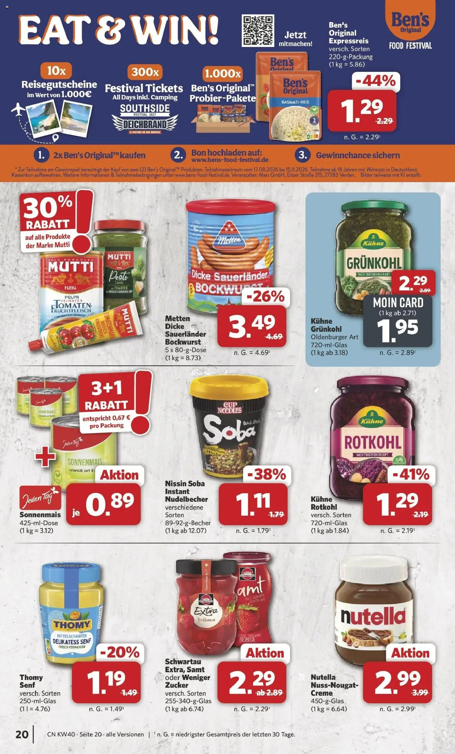 Combi Prospekt Weener (ab 28.09.2026) zum Blättern | Seite: 20 | Produkte: Basmatireis, Tomaten, Nutella, Bilder