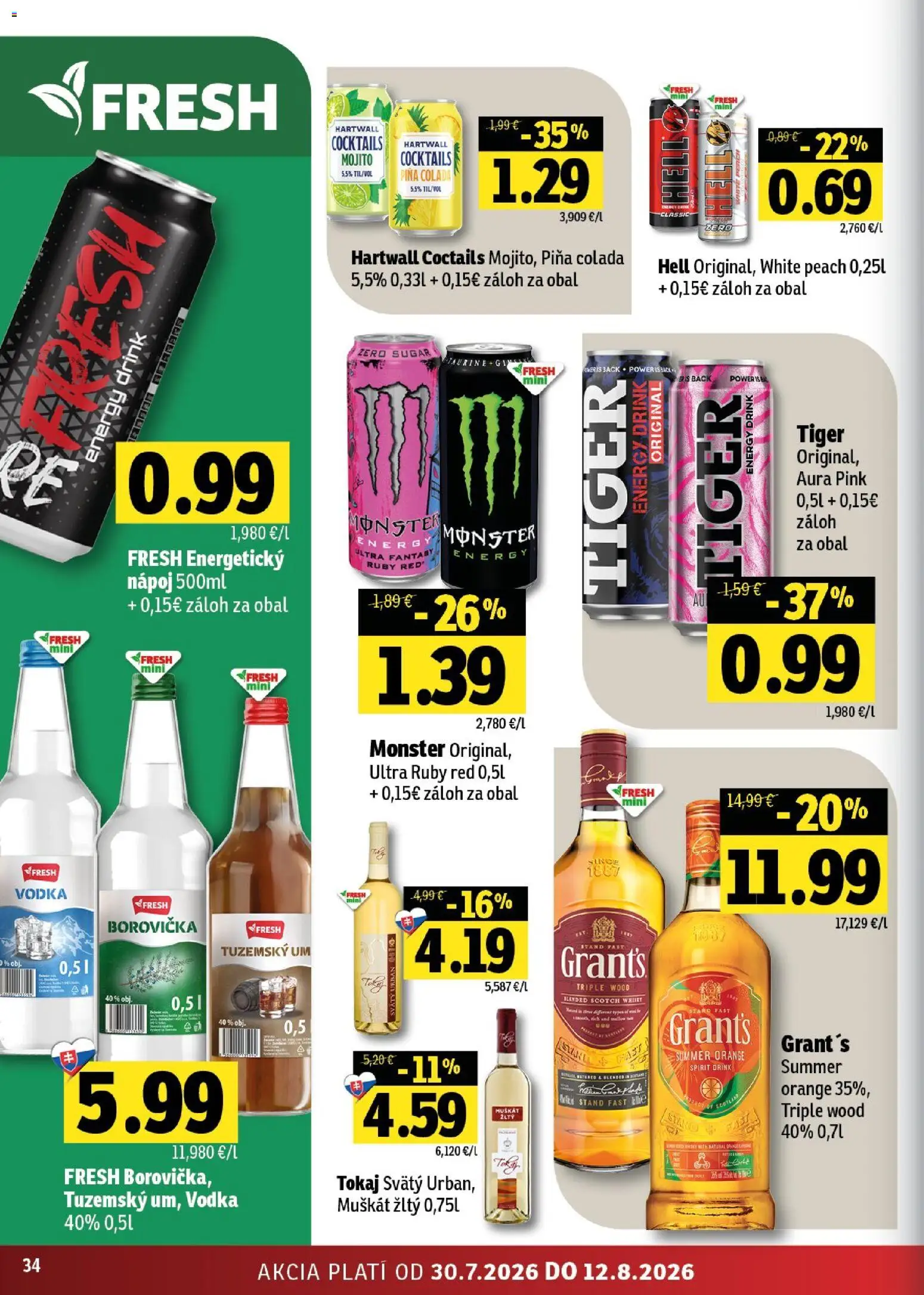 Nové Fresh akcie – leták je platný od 30.07.2026 | Strana: 34 | Produkty: Borovička, Gin, Vodka
