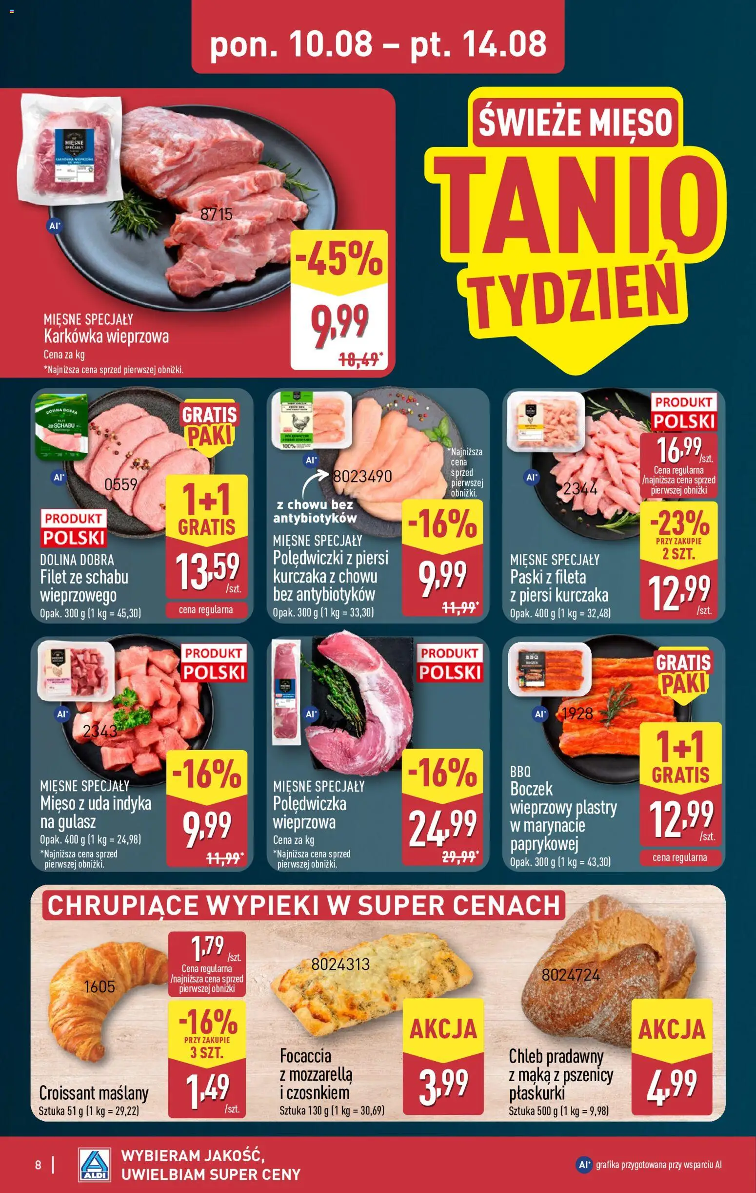 Aldi gazetka od 10.08.2026 | Strona: 8 | Produkty: Croissant, Karkówka wieprzowa, Mięso, Mozzarella