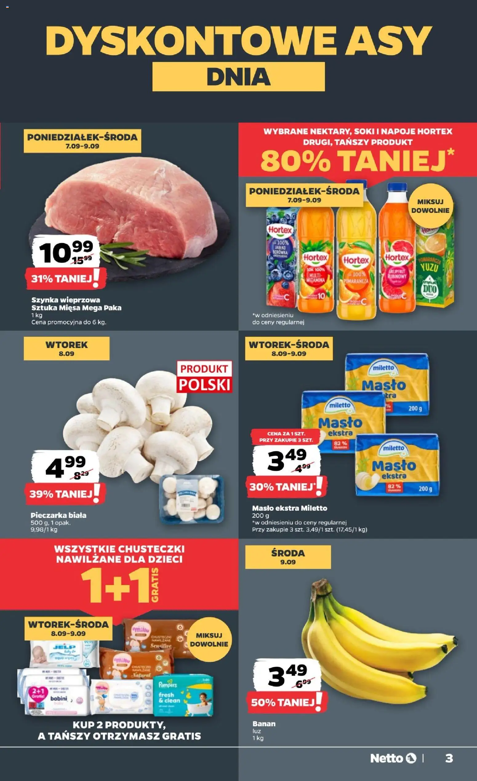 Netto gazetka od poniedziałku od 07.09.2026 | Strona: 3 | Produkty: Chusteczki nawilżane, Napoje, Szynka wieprzowa, Soki