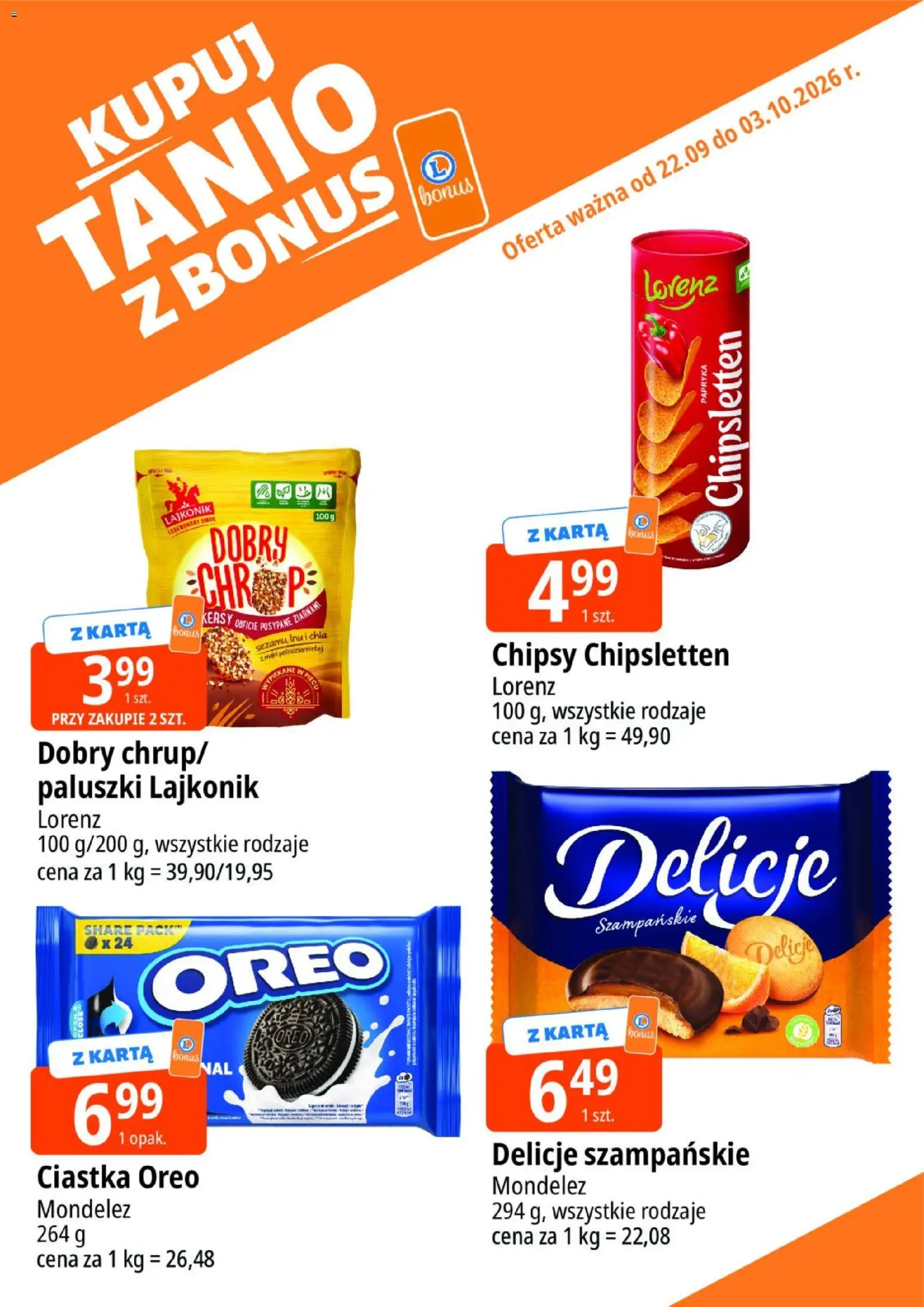 E.Leclerc gazetka - Kupuj Tanio Z Bonus od 22.09.2026 | Strona: 6 | Produkty: Karta, Chia, Ciastka Oreo, Paluszki