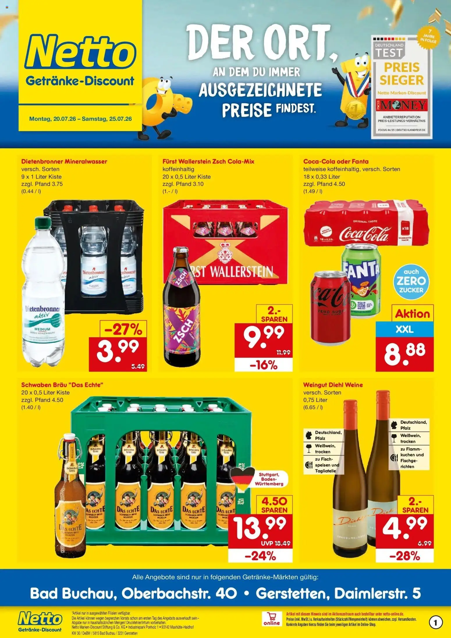 Netto Marken-Discount Prospekt Gerstetten – gültig ab 20.07.2026 | Seite: 1 | Produkte: Coca cola, Bad, Mineralwasser, Zucker