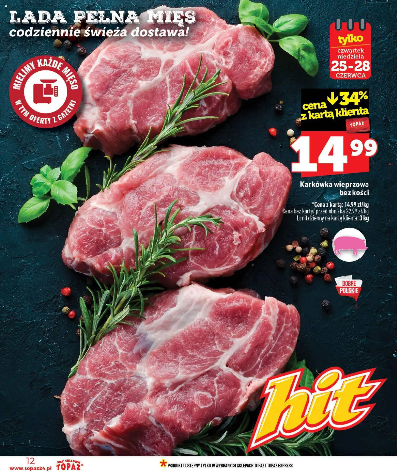Topaz gazetka od 25.06.2026 | Strona: 12 | Produkty: Karta, Karkówka, Karkówka wieprzowa, Mięso