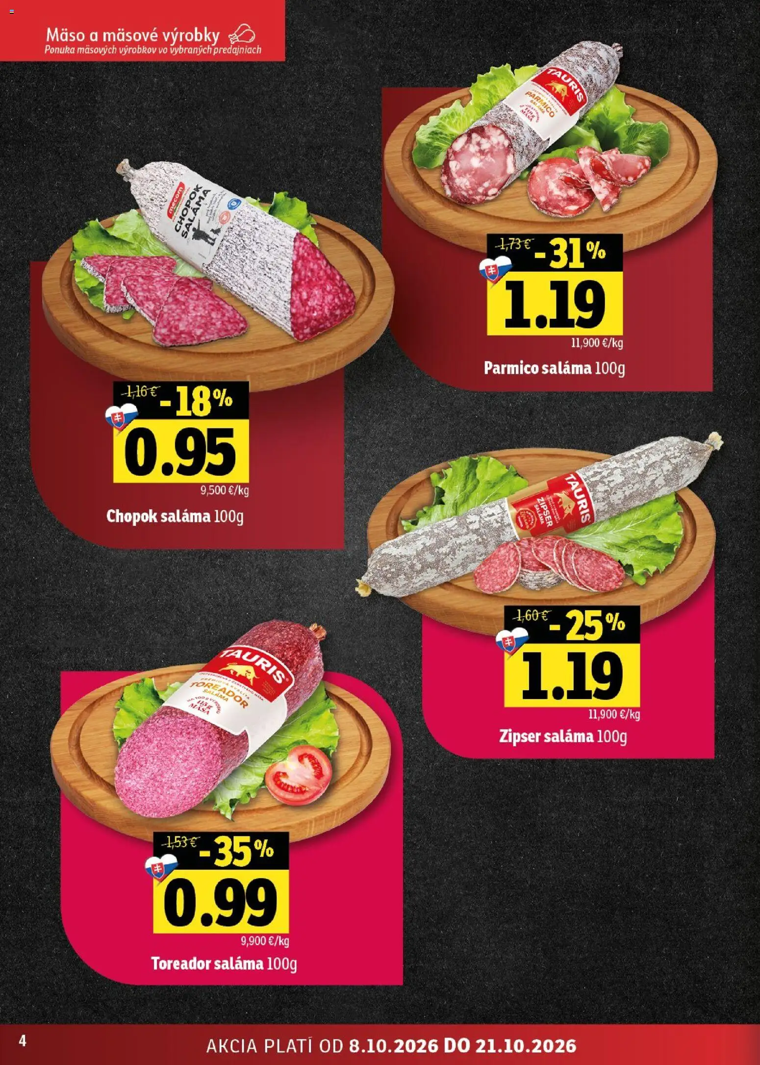 Nové Fresh akcie – leták je platný od 08.10.2026 | Strana: 4 | Produkty: Saláma, Mäso