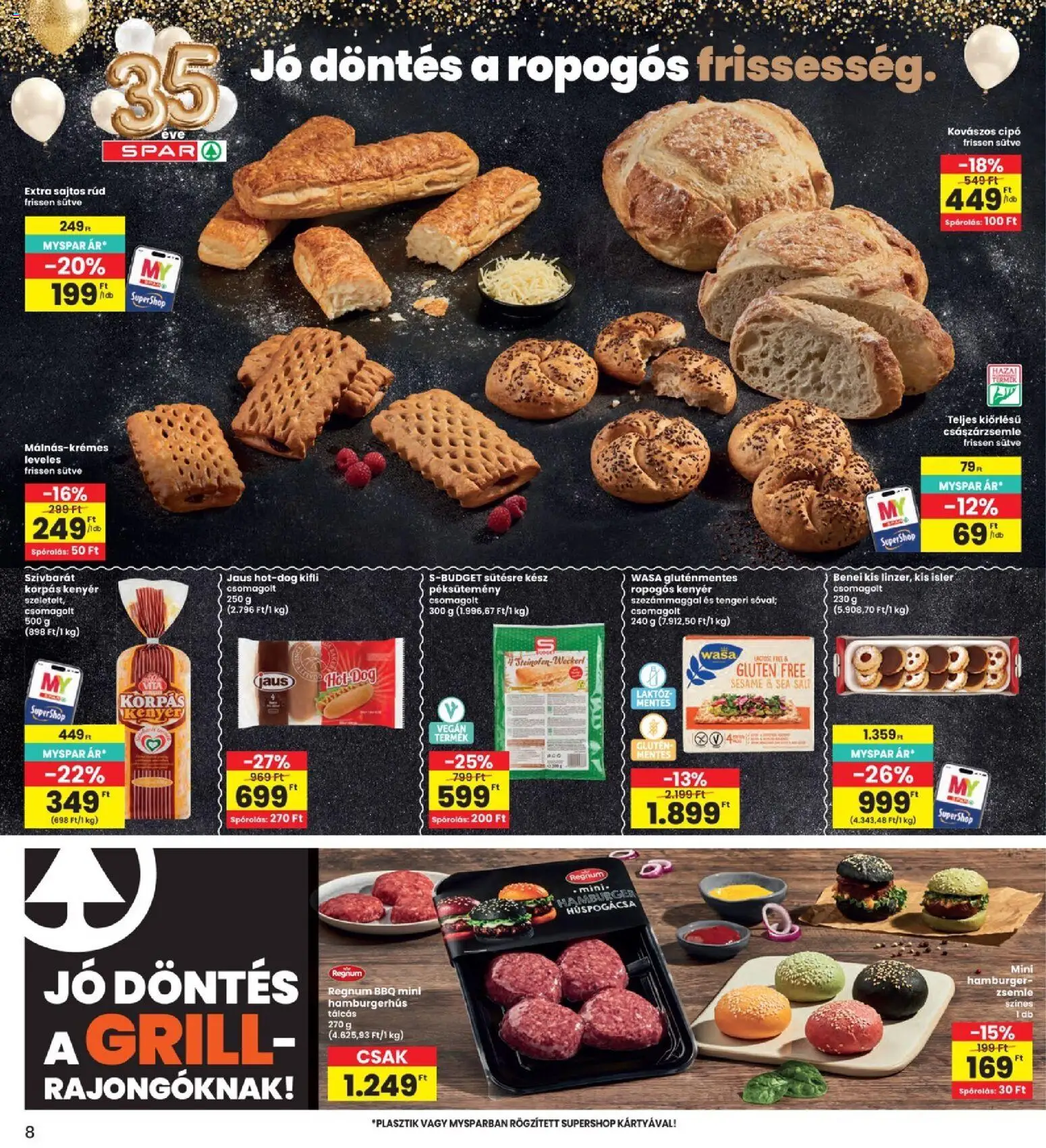 Interspar akciós ujság - amely érvényes a következő dátumtól: 07.05.2026 | Oldal: 8 | Termékek: Hamburger, Kifli, Sajtos rúd, Gluténmentes