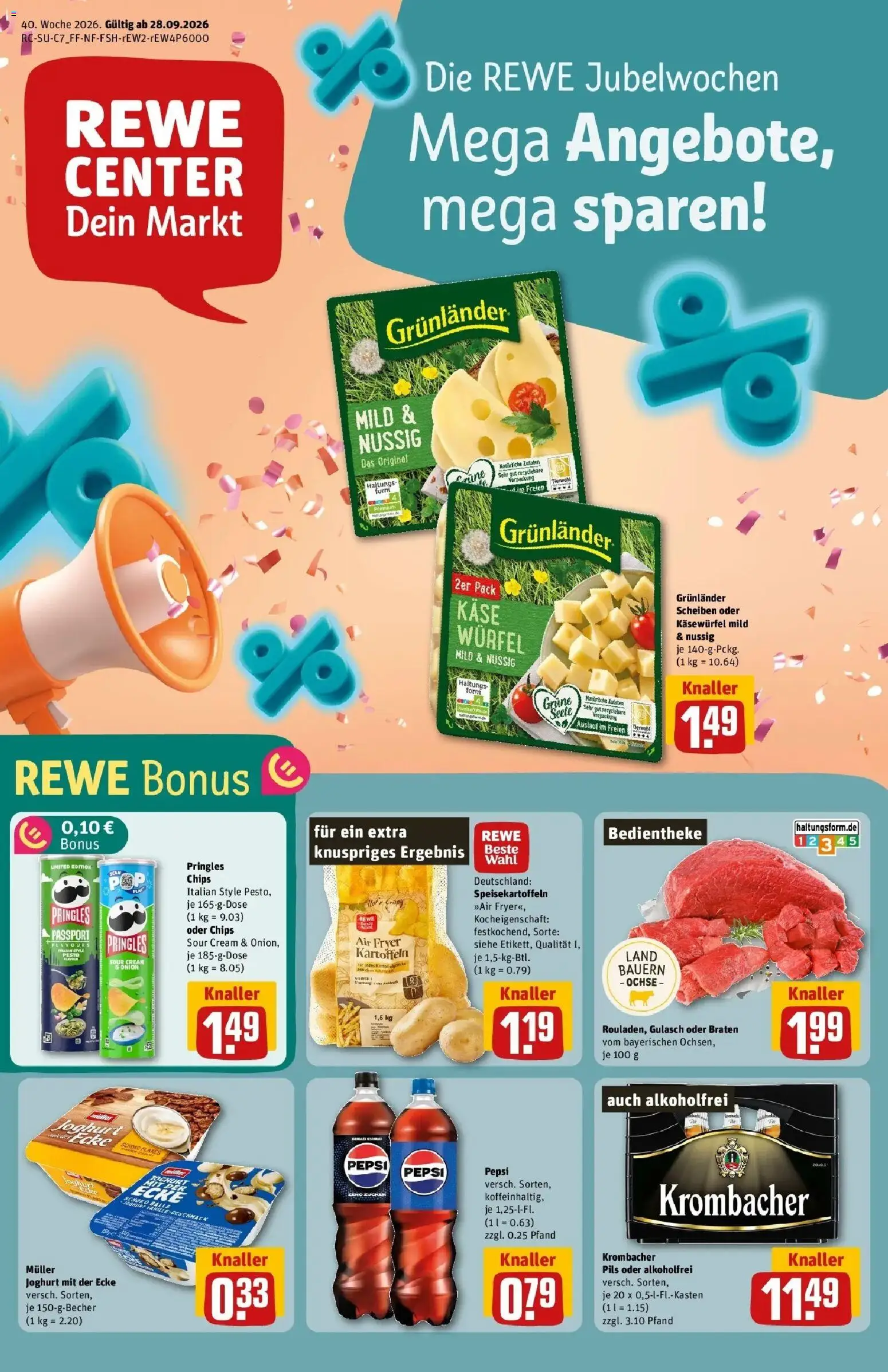 REWE Prospekt ab 28.09.2026 zum Blättern » Angebote | Seite: 1 | Produkte: Pils, Grunlander, Krombacher, Pepsi