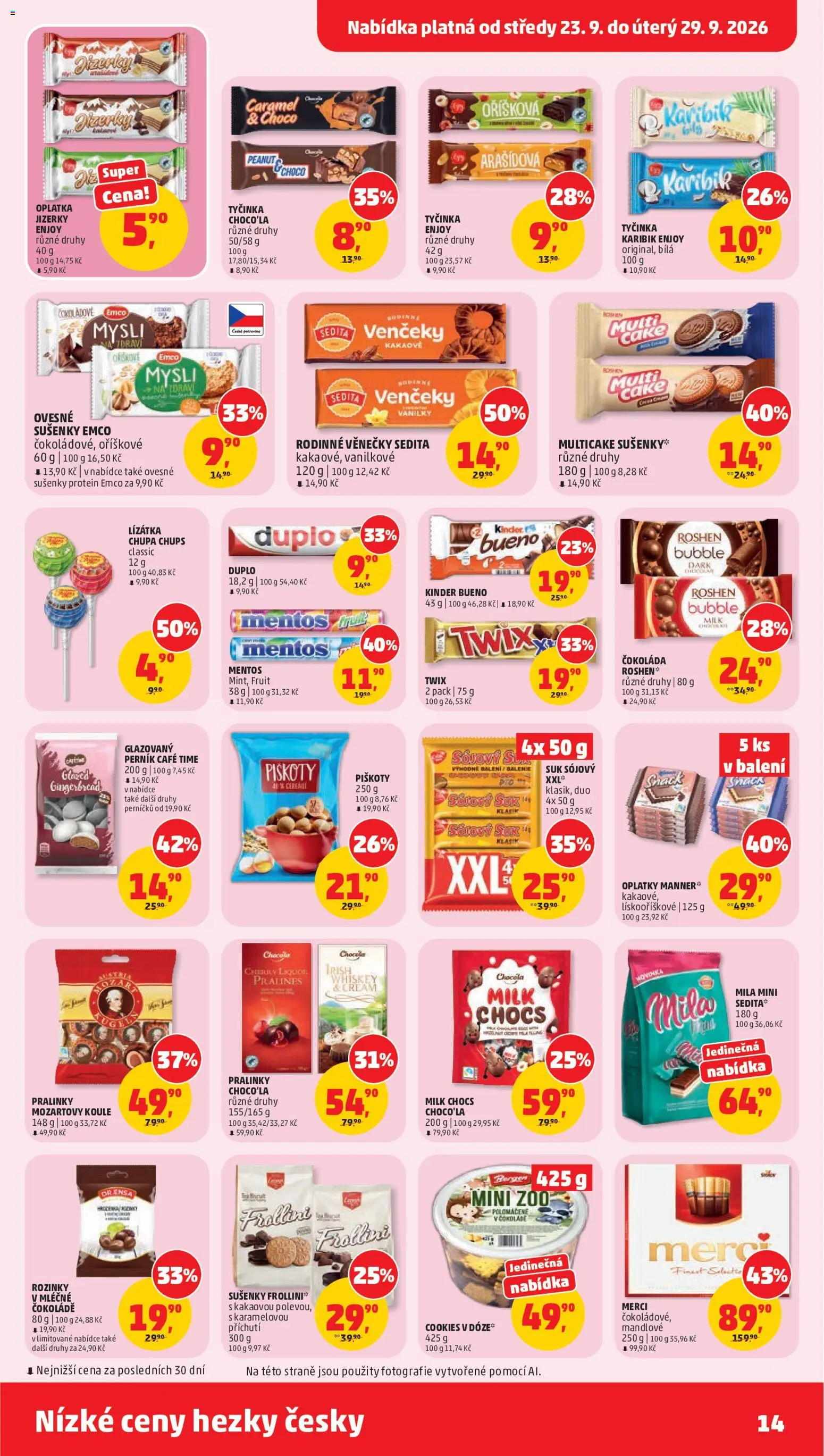 Penny Market leták od 23.09.2026 | Strana: 14 | Produkty: Rozinky, Piškoty, Mozartovy koule, Kinder Bueno