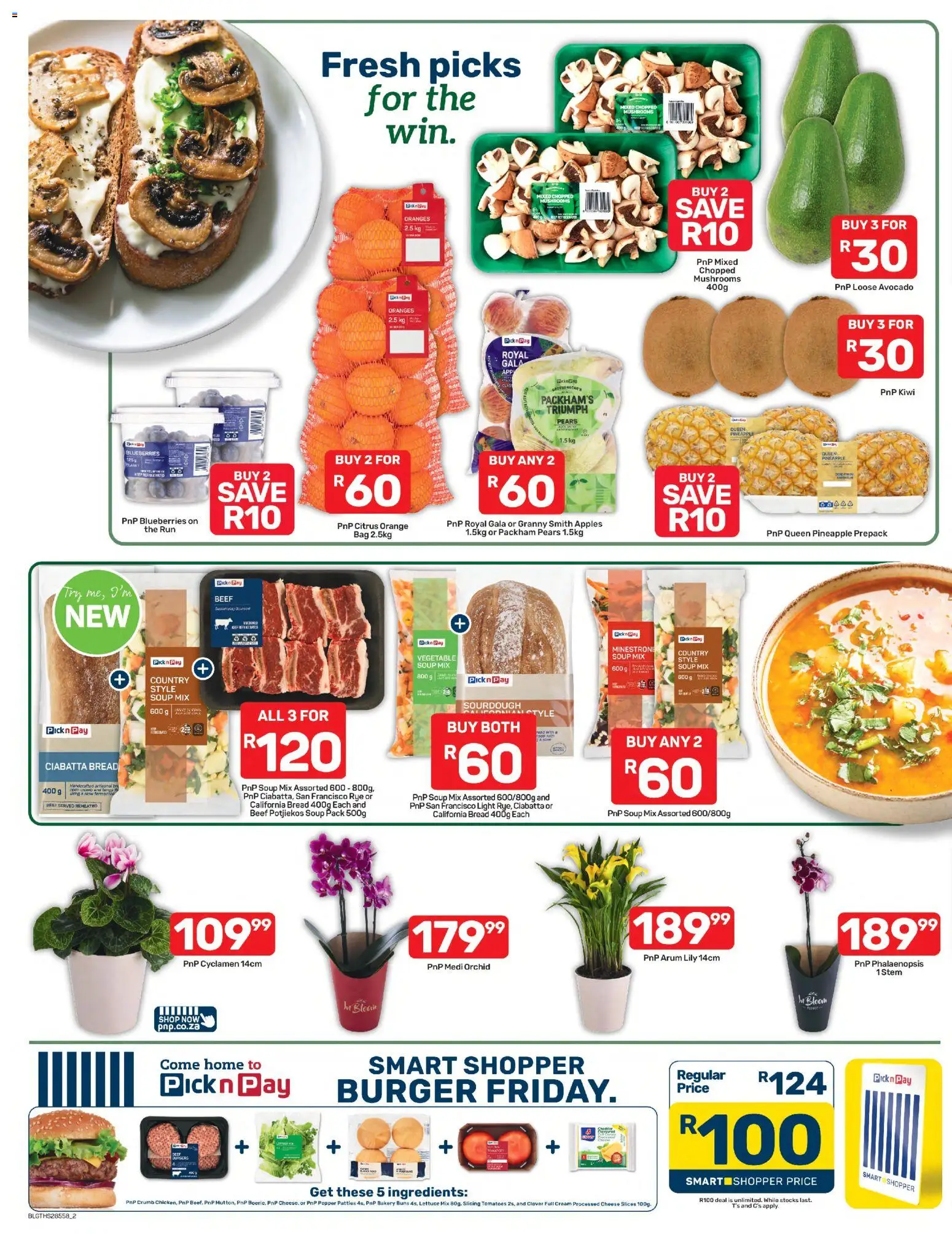 New Pick n Pay catalogue – valid from 03/08/2026 | Page: 2 | Products: Mushrooms, Buns, Oranges, Kiwi