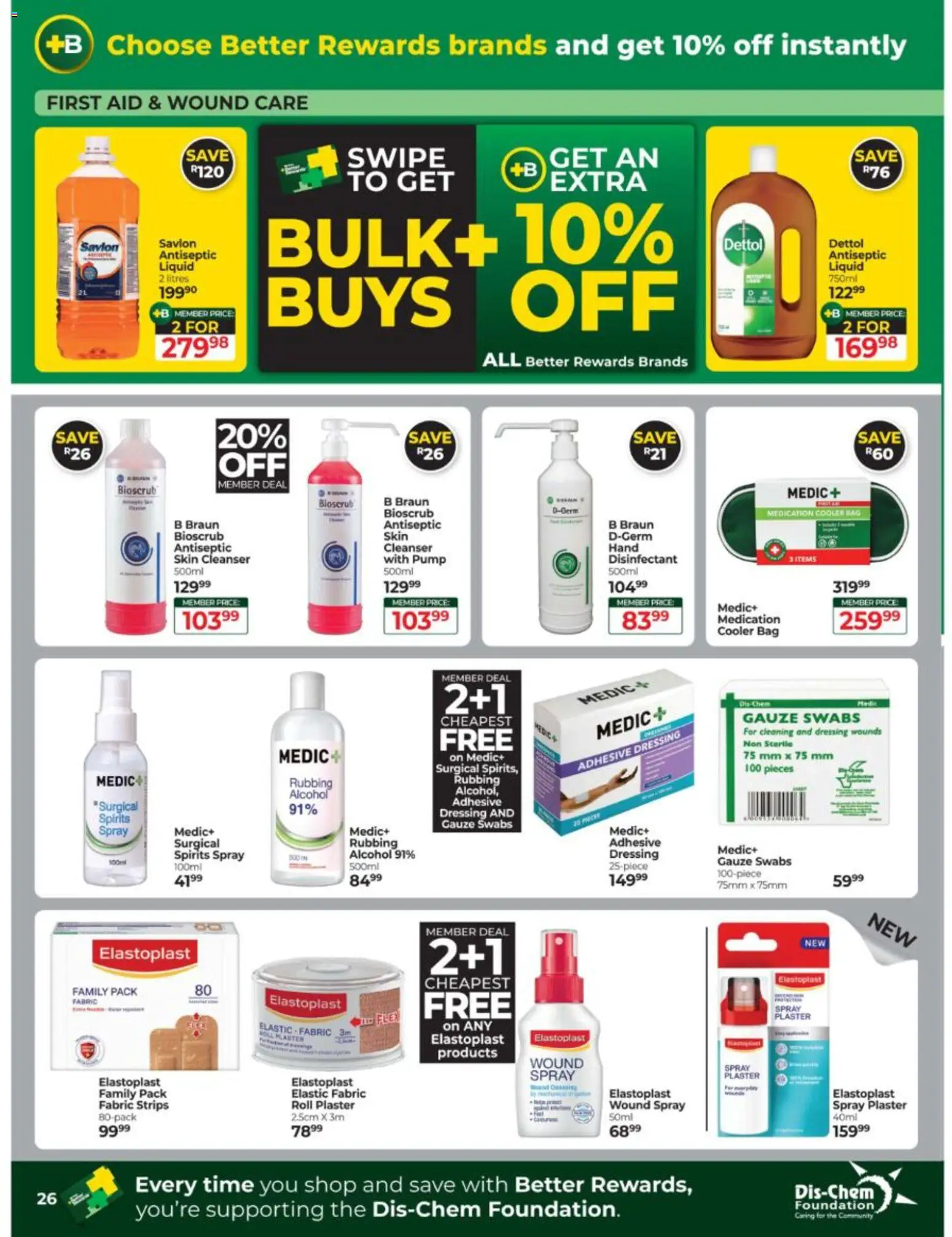 New Dis-Chem catalogue – valid from 15/09/2026 | Page: 26 | Products: Disinfectant, Antiseptic liquid, Adhesive, Plaster