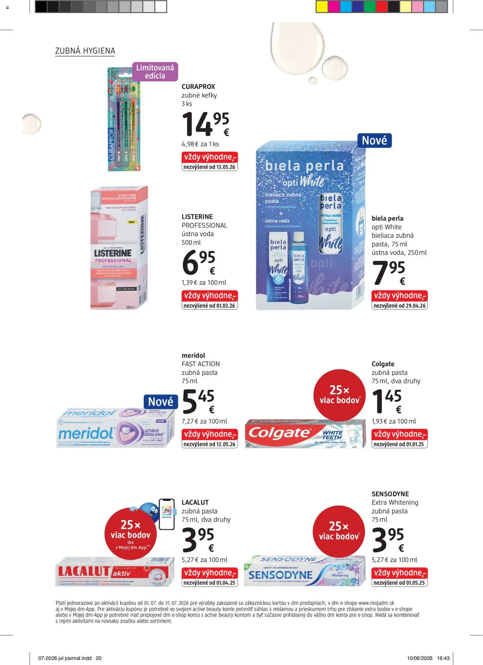 Nové dm drogerie akcie – leták je platný od 01.07.2026 | Strana: 20 | Produkty: Listerine, Zubná pasta, Ústna voda, Voda