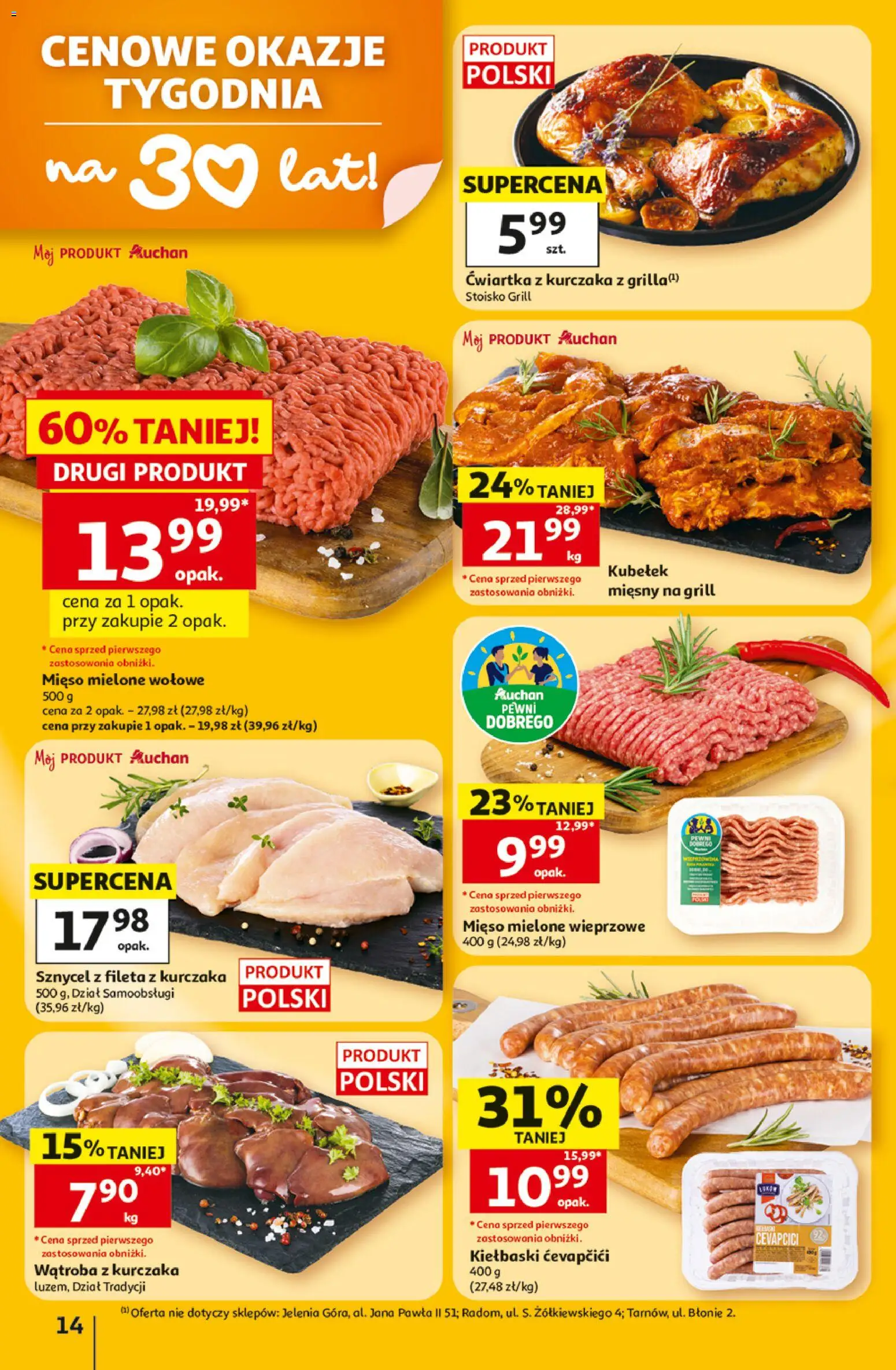 Auchan gazetka - 30 Lat Hipermarket od 02.07.2026 | Strona: 14 | Produkty: Mięso, Mięso mielone wołowe, Mięso mielone, Ćwiartka z kurczaka