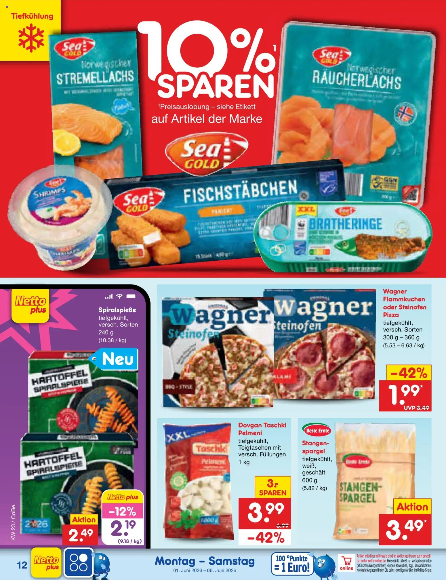 Netto Marken-Discount Prospekt – gültig ab 01.06.2026 | Seite: 14 | Produkte: Spargel, Räucherlachs, Fischstabchen, Pizza