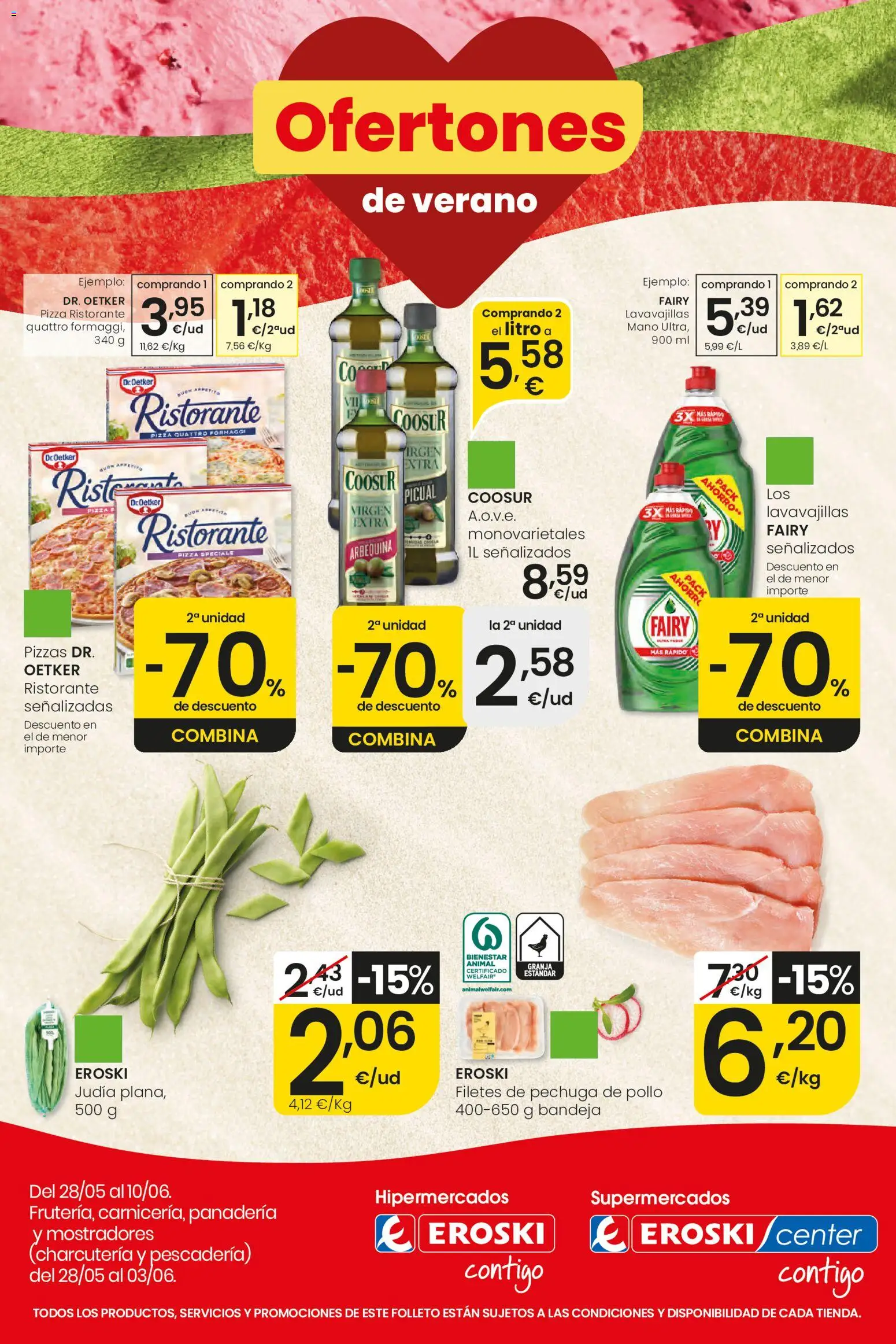 Eroski Ofertones de verano │ válido desde el 28.05.2026 | Página: 1 | Productos: Pizza, Lavavajillas, Panadería, Bandeja