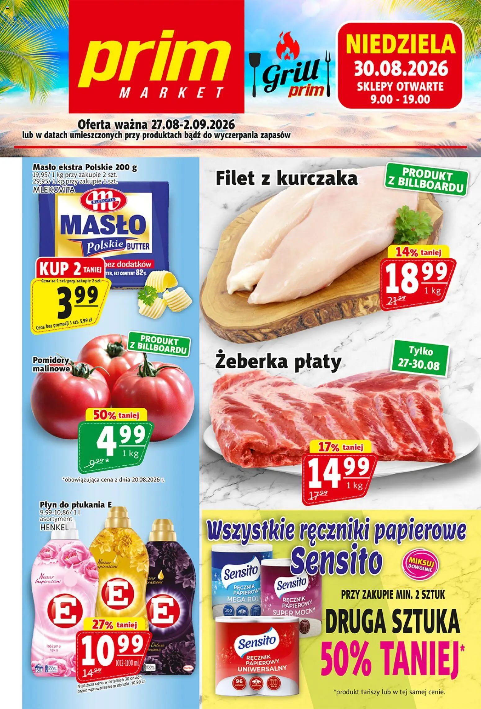 Prim Market gazetka od 27.08.2026 | Strona: 1 | Produkty: Żeberka, Grill, Ręczniki papierowe, Filet